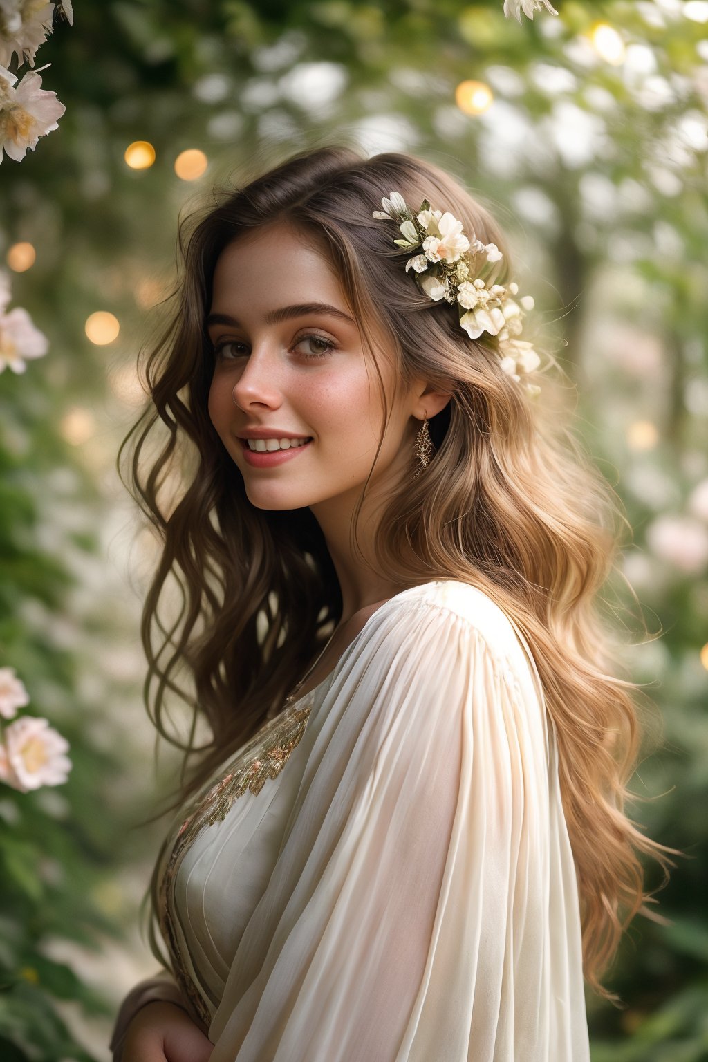  Raw, photorealistic, real, perfect skin, realistic photo of a 18-year-old girl with an extremely innocent face, divine eyes, resembling  Ana de Armas, smooth hair, brown  tresses,   shy, embodying a gentle love goddess,   wearing full covered indian blouse,   in a garden, morning, cheerful, smiling, happy, surrounded by flowers &  fairy lights, looking up, a phenomenal image of sharp, perfect quality,   captured in beautyniji style.,Photorealistic, Beautiful woman,s_light, soft light from top