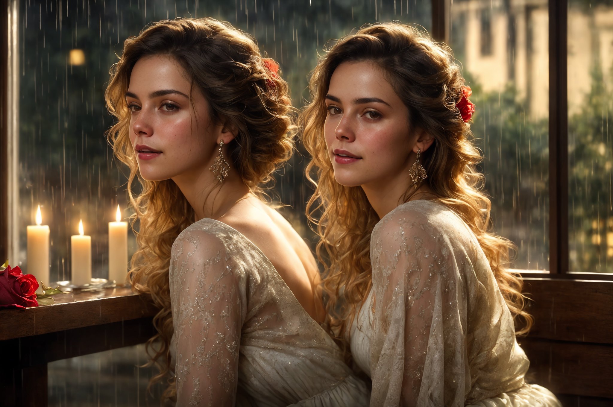 Here is the prompt: A stunningly beautiful Hispanic woman,  Sarah,  sits in a cozy coffee shop amidst a rain-soaked evenin...