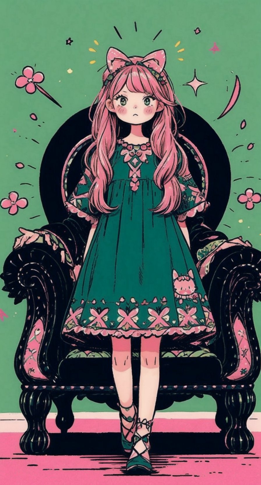 A kawaii lady, adorned with pastel pink accessories and a subtle gothic flair, sits elegantly on a velvet-covered throne. Soft, pink casts a warm glow, highlighting intricate on her pink black dress, while dark.,cartoon,green theme