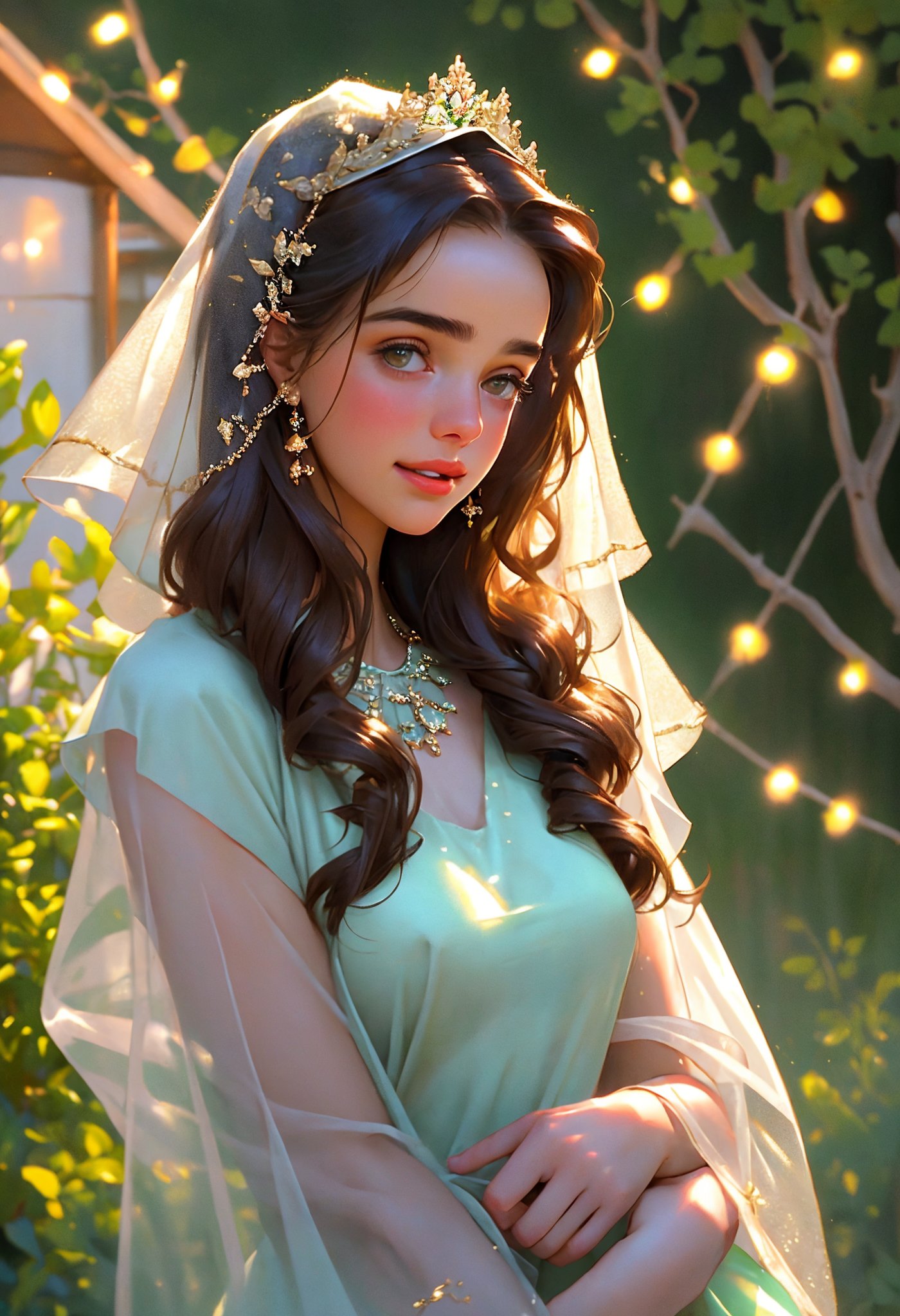  Raw, photorealistic, real, perfect skin, realistic photo of a 16-year-old girl with an extremely innocent face, divine eyes, resembling Jennifer Connelly and Ana de Armas, smooth hair, brown  tresses,   shy, embodying a gentle love goddess,   wearing full covered islamic blouse,  l in a garden, morning, cheerful, smiling, happy, surrounded by fairy lights, looking up, a phenomenal image of sharp, perfect quality,   captured in beautyniji style.,Photorealistic,Beautiful woman 