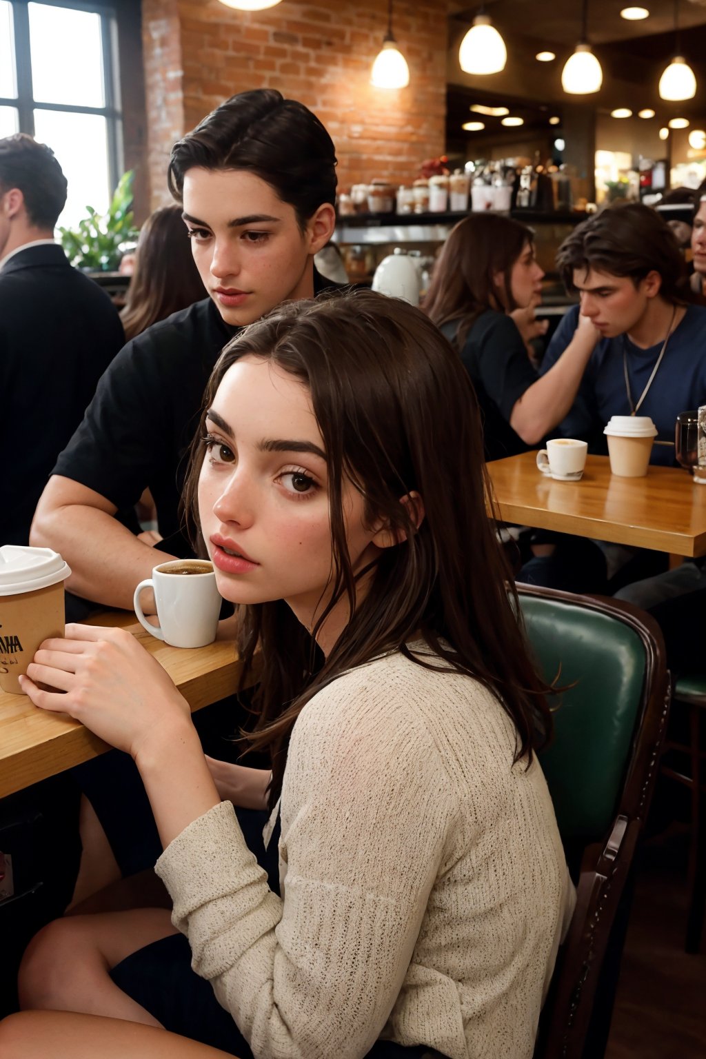 ana de armas in a coffee shop, lots of people around her. crowded place