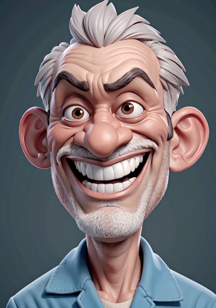 Caricature in the style of Tm Richmond of Mad Magazine | Closeup on the face of a weird old man excited to see us, he has a great big smile. 3DMM