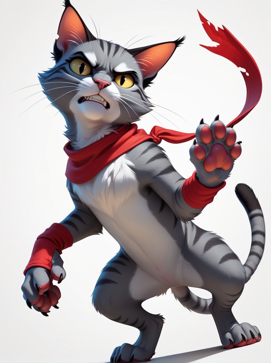 score_9, score_8_up, score_7_up, angry, arrogant gray cat, detailed cat paws, red wristbands on paws, cartoon style, white background, ((unique perspective, unique angle)), concept art,