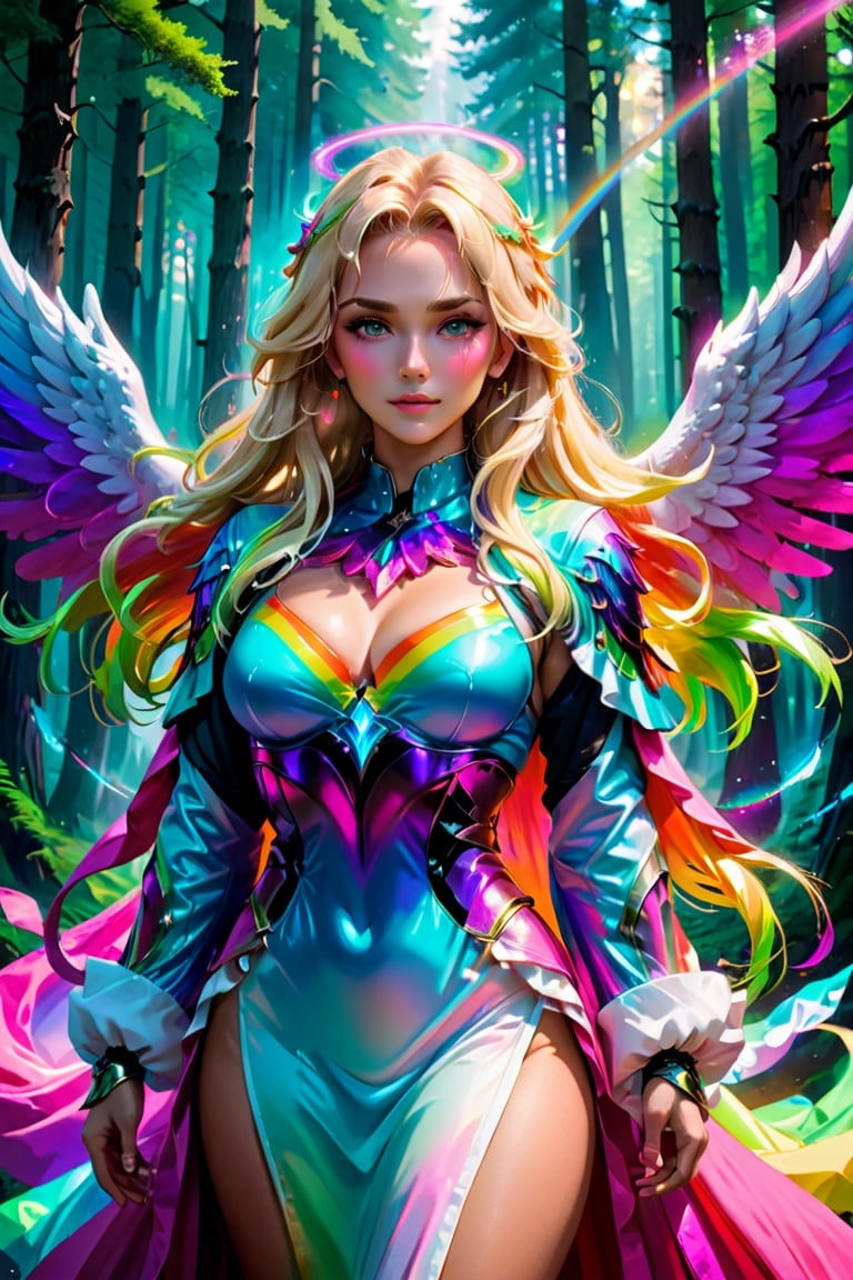 (masterpiece),strong neon colours ,viewed_from_front  ,  perfect  , vibrent , ((strong neon rainbow colours)),,blonde hair,(masterpiece),( Angel with 2 big   wings ) ,viewed_from_front , tan skin , ((flowing clothes )),megestic,perfect face ,  medivel,pink   armour,,(( wearing  beautiful glowing   robes  ),  elegant clothing, Divine  , ,((blonde hair)) ,, facing the viewer ,          ethernel ,     ,perfect face,  epic, megestic   ,, ( (has megestic pink wings in back )),        ((detaild clothes ))  ,(  Forest background) ,vibrant colours  ,       ,more detail XL  ,,   ,
 , full upper body,,  ((vibrent   )) ,     , highly detaild , ,, facing the viewer ,   ,     realistic   ,more detail XL,.