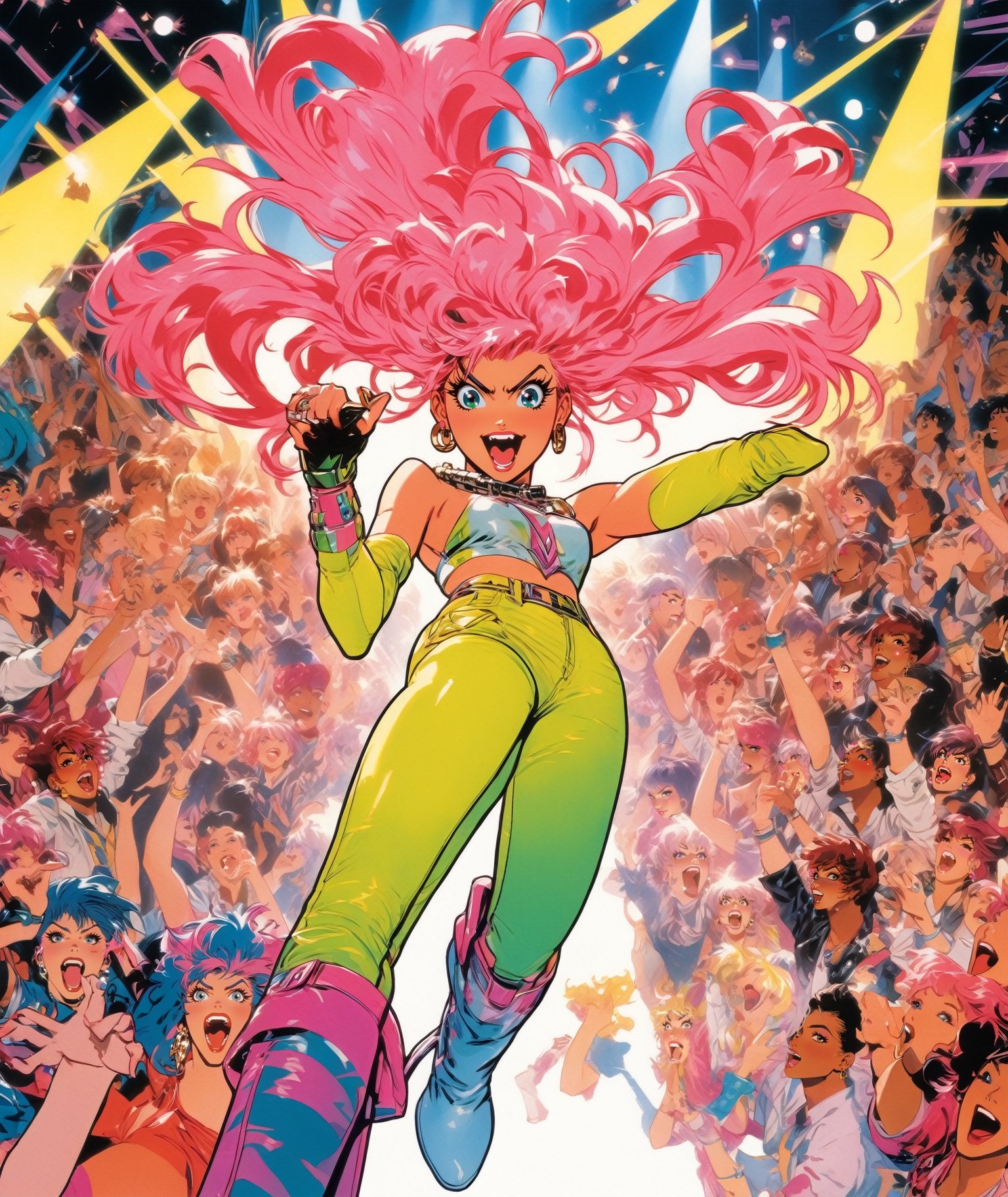 Anime artwork. photo shot from ground of Jem and the Holograms,  Mic on her hand. The stage is surrounded by wild,  excite...