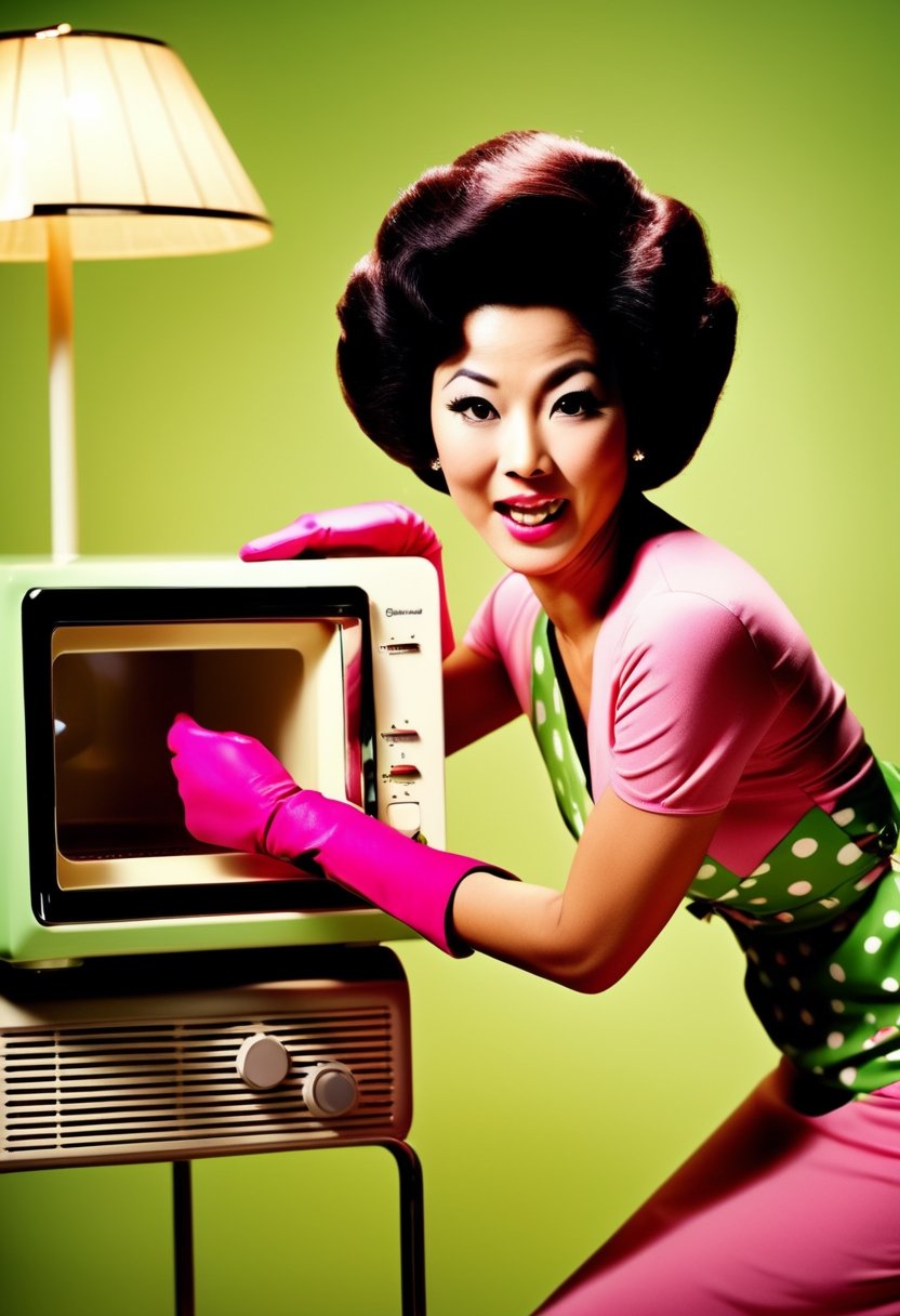 Photo shoot of a Japanese housewife,  wearing pink gloves,  green dresses by NowhereManGo on Tensor.Art