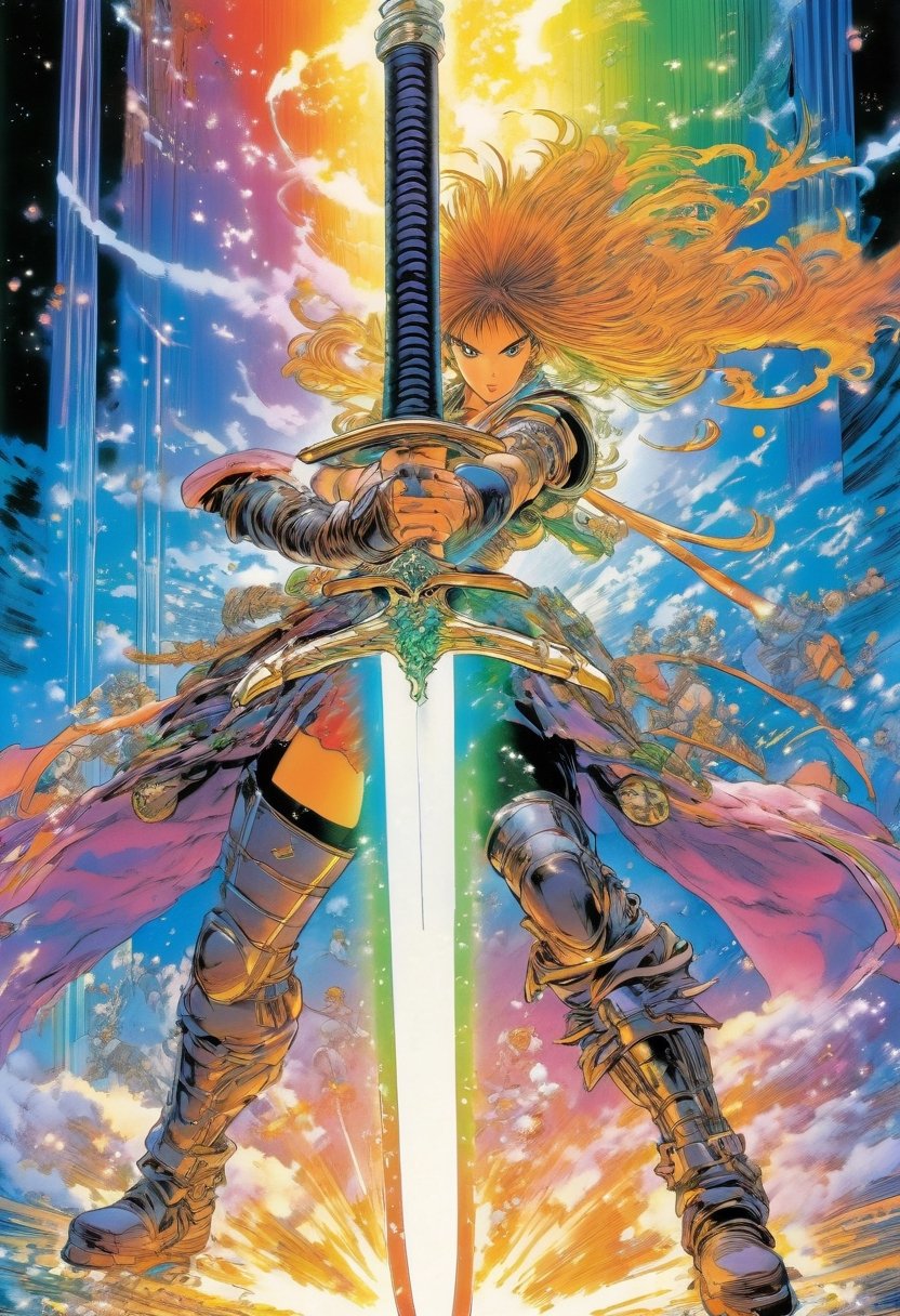 Anime artwork. Girl pull a giant sword from the ground, rainbow-colored energy swirling around her, art by Masamune Shirow