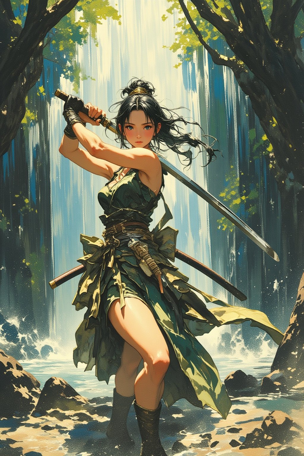 Frank Frazetta fantasy oil painting of Samurai Princess wielding a broad katana under a waterfall