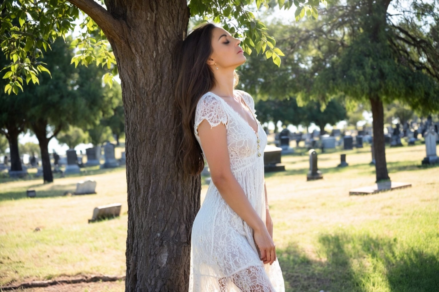 Photo.  Profile of a woman in a lace summer dress, She is facing the sun with her eyes closed beside a tree.  Morning sun. Background is a cemetery
BREAK
Photo. Profile of a woman in a lace summer dress. She is standing beside a tree with her eyes closed, facing the morning sun. The background is a cemetery.
BREAK
Picture of a woman in a lace summer dress, in profile. She is beside a tree, eyes closed, basking in the morning sun. A cemetery is in the background.
BREAK
Image of a woman wearing a lace summer dress. In profile, she faces the morning sun with eyes closed, next to a tree. The background reveals a cemetery.
BREAK
Snapshot of a woman in a lace summer dress, shown in profile. She stands by a tree, eyes closed, soaking in the morning sun, with a cemetery behind her.
BREAK
Photograph of a woman in a lace summer dress, profile view. She is near a tree, eyes closed, facing the morning sun. The background features a cemetery.