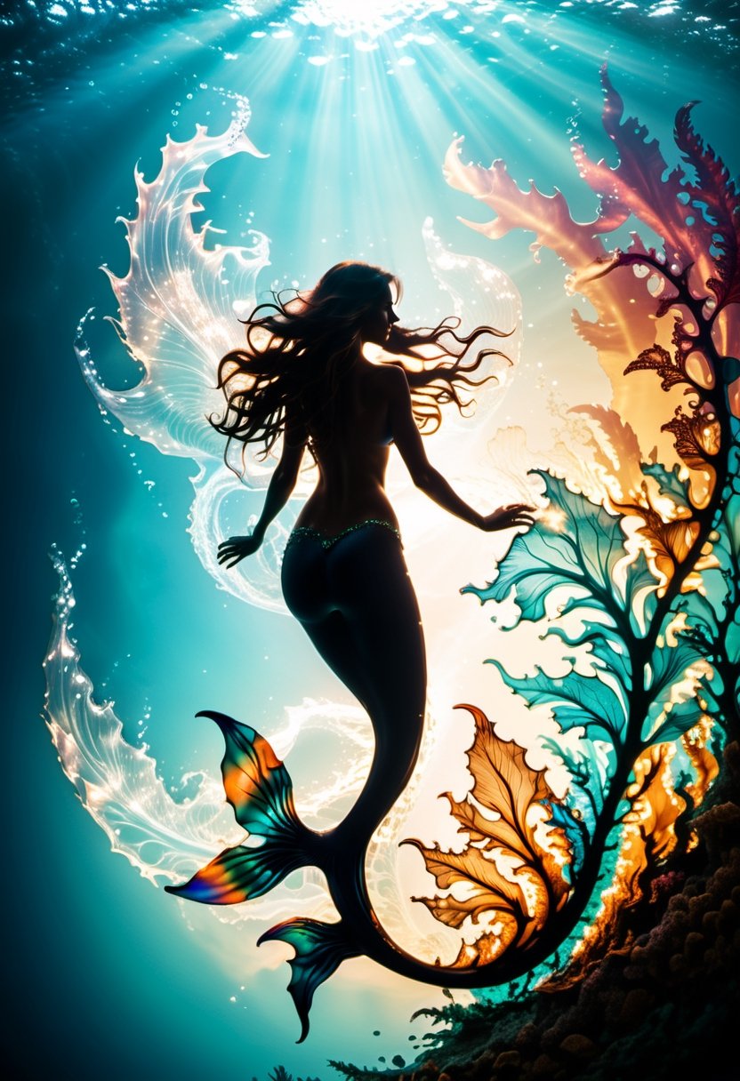 cinematic photo thin,  fine fractal glossy vivid colored ink sketch shiny contours outlines of a mermaid silhouette . 35mm...