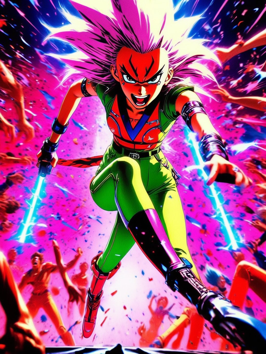 Anime artwork. photo shot from ground of Jem and the Holograms,  spandex,  leather by NowhereManGo on Tensor.Art