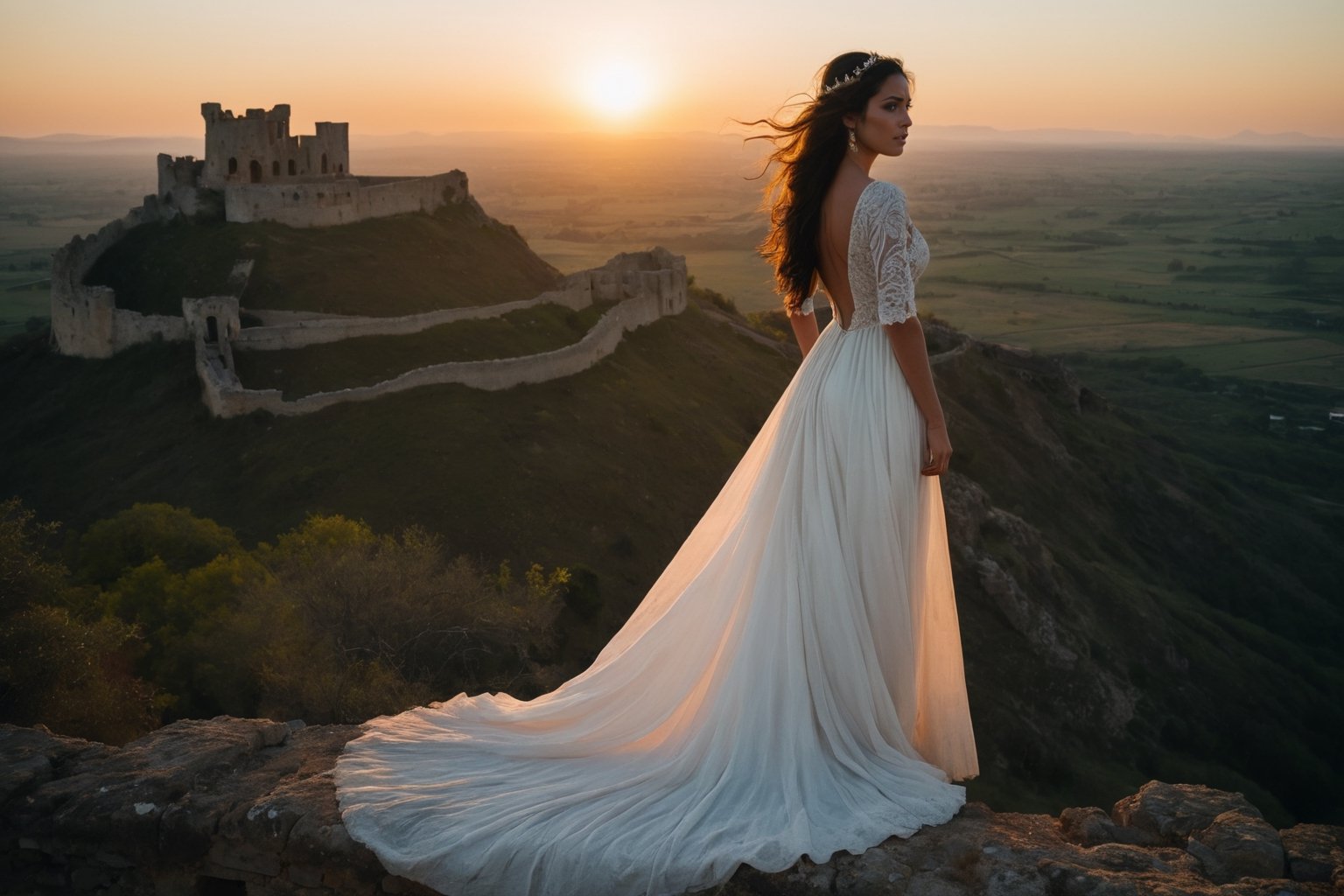 A striking cinematic shot of a  woman standing atop an ancient, crumbling fortress, overlooking a vast landscape. The sun sets in the background, casting a warm golden light over the scene. The woman, dressed in a flowing white dress, gazes intently into the distance, her expression a mixture of determination and melancholy. The overall atmosphere is both majestic and nostalgic, with a touch of mystery and romance., cinematic. Canon 5d Mark 4, Kodak Ektar