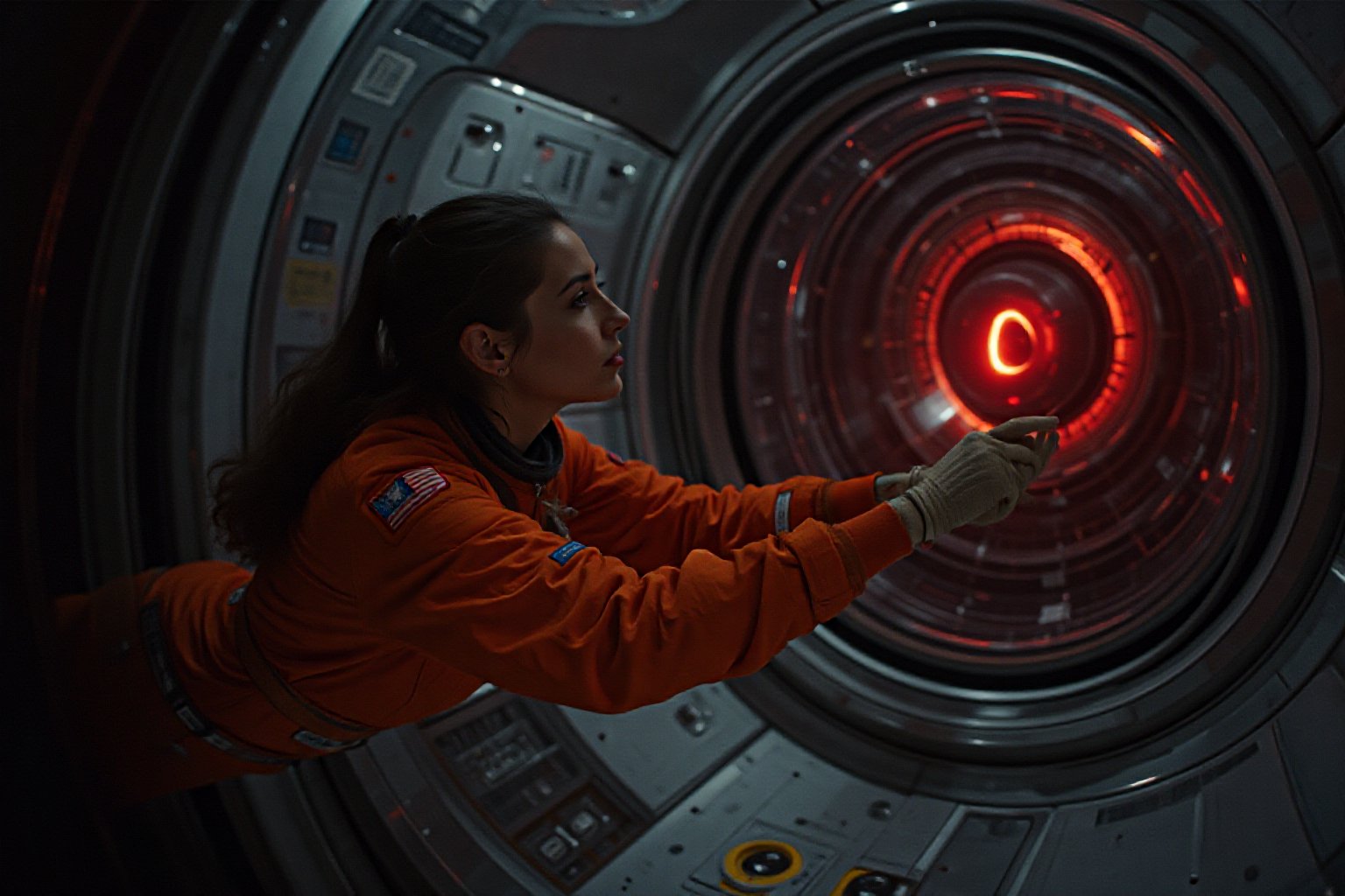 Profile of a female astronaut, dressed in a vibrant orange space uniform, is carefully re-enacting the iconic scene from 2001: A Space Odyssey where David Bowman deactivates HAL 9000. Floating weightless Inside a sleek, futuristic spacecraft, she methodically removes the components of the HAL 9000 interface, one piece at a time. The setting is tense and sterile, with dim lighting reflecting off the metallic surfaces, capturing the eerie, unsettling atmosphere of the original scene. The astronaut’s expression is focused and determined, echoing the intensity of the moment as she disconnects each part of HAL’s circuitry. The red glow of HAL's eye slowly fades as the scene unfolds, highlighting the dramatic tension between human and machine.