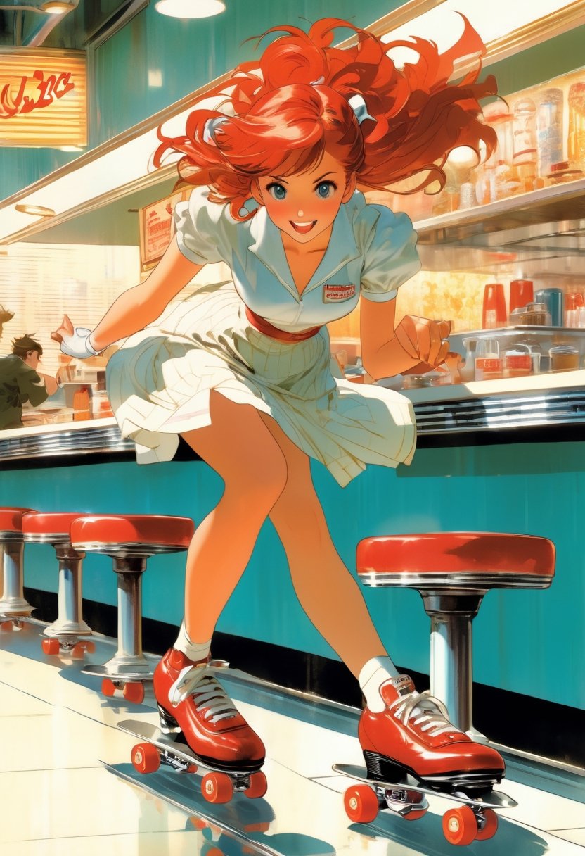 Anime artwork,  Waitress,  red head by NowhereManGo on Tensor.Art
