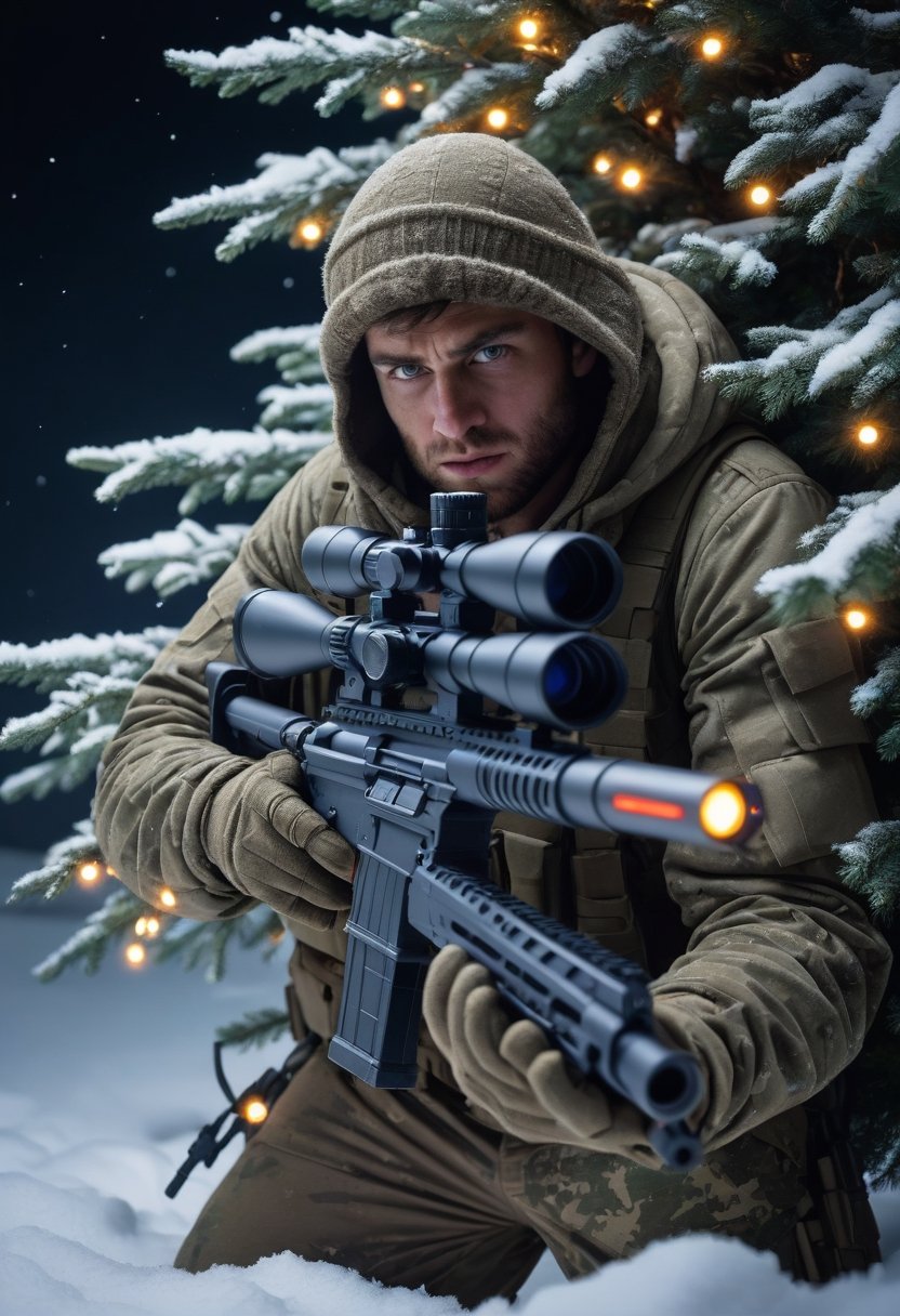 A male sniper made of Christmas tree with LED lights flashing,  hiding in the snow,  night scene by NowhereManGo on Tensor...
