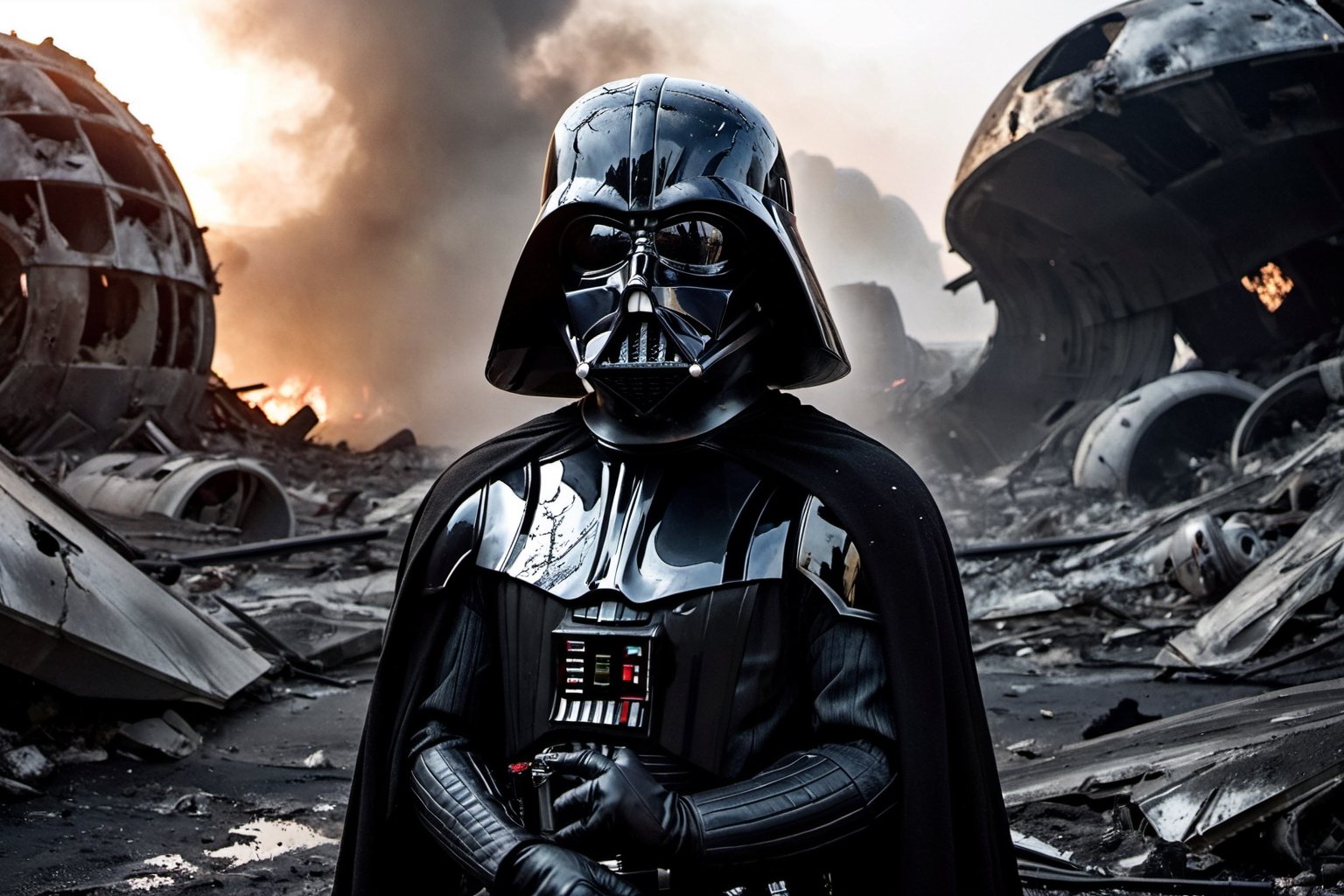 A somber and haunting scene of Darth Vader,  his helmet downcast,  slumped over the lifeless body of a stormtrooper. He si...