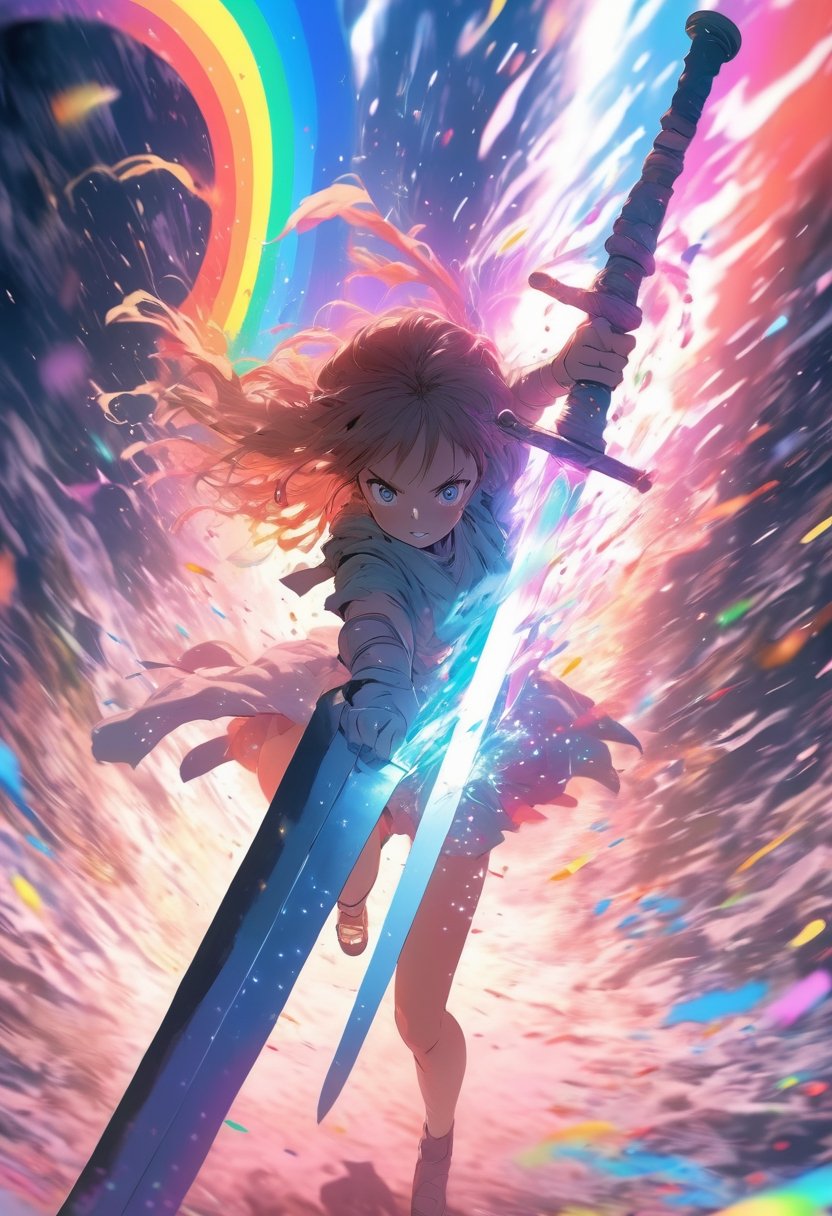 Anime artwork. Girl pull a giant sword from the ground, rainbow-colored energy swirling around her