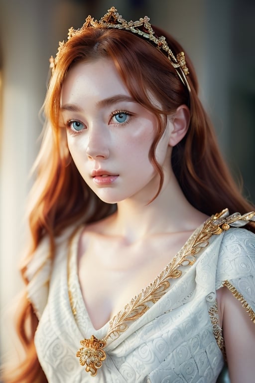 Warm light, medium shot, torso shot, beautiful pale redhead princess, intricate dress armor, bow on back, regal, dynamic pose, windblown hair, intricate crown, perfect face, (realistic eyes), round iris, blue green eyes, intricate, complex, freckles, Helios 44-2, swirly bokeh, trending on artstation

