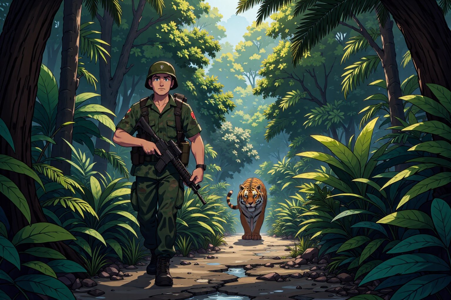 fca_style. Create a tense jungle scene set in Vietnam, featuring a dense, lush environment with thick foliage, tall trees, and tropical plants. We see the close up face of an American Marine, showing fear in his face, is cautiously walking towards the viewer, holding a rifle in a ready position. He is dressed in camouflage fatigues and a helmet, blending into the surroundings. Unbeknownst to him, a distance away, a stealthy tiger is following closely behind, partially obscured by the foliage. The tiger's eyes are fixed on the soldier, adding a sense of impending danger to the scene. The overall atmosphere should be one of suspense, with the jungle's dense greenery and shadows heightening the tension.,