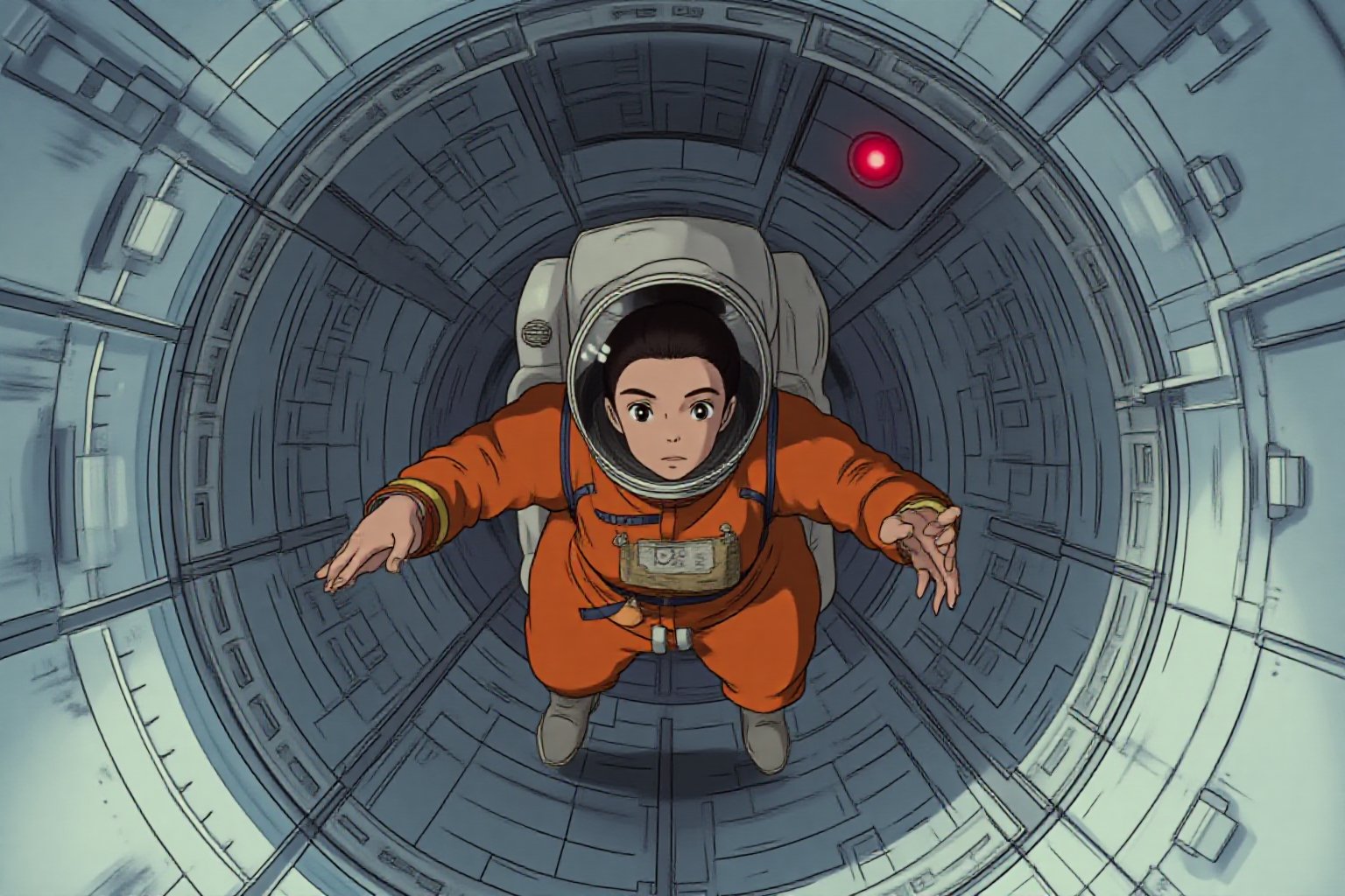 ghiblistyle. Anime artwork. Overhead shot of a female astronaut, dressed in a vibrant orange space uniform, is carefully re-enacting the iconic scene from 2001: A Space Odyssey where the astronaut deactivates HAL 9000. Floating weightless Inside a sleek, futuristic spacecraft, she methodically removes the components of the HAL 9000 interface, one piece at a time. The setting is tense and sterile, with bright lighting reflecting off the white sterile surfaces, capturing the eerie, unsettling atmosphere of the original scene. The astronaut’s expression is focused and determined, echoing the intensity of the moment as she disconnects each part of HAL’s circuitry. The red glow of HAL's eye slowly fades as the scene unfolds, highlighting the dramatic tension between human and machine.