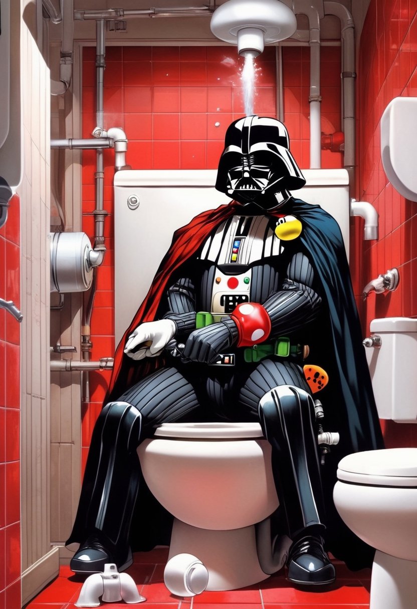 Anime Artwork. Darth Vader dressed as Super mario,  working as a plumber in the bathroom by NowhereManGo on Tensor.Art