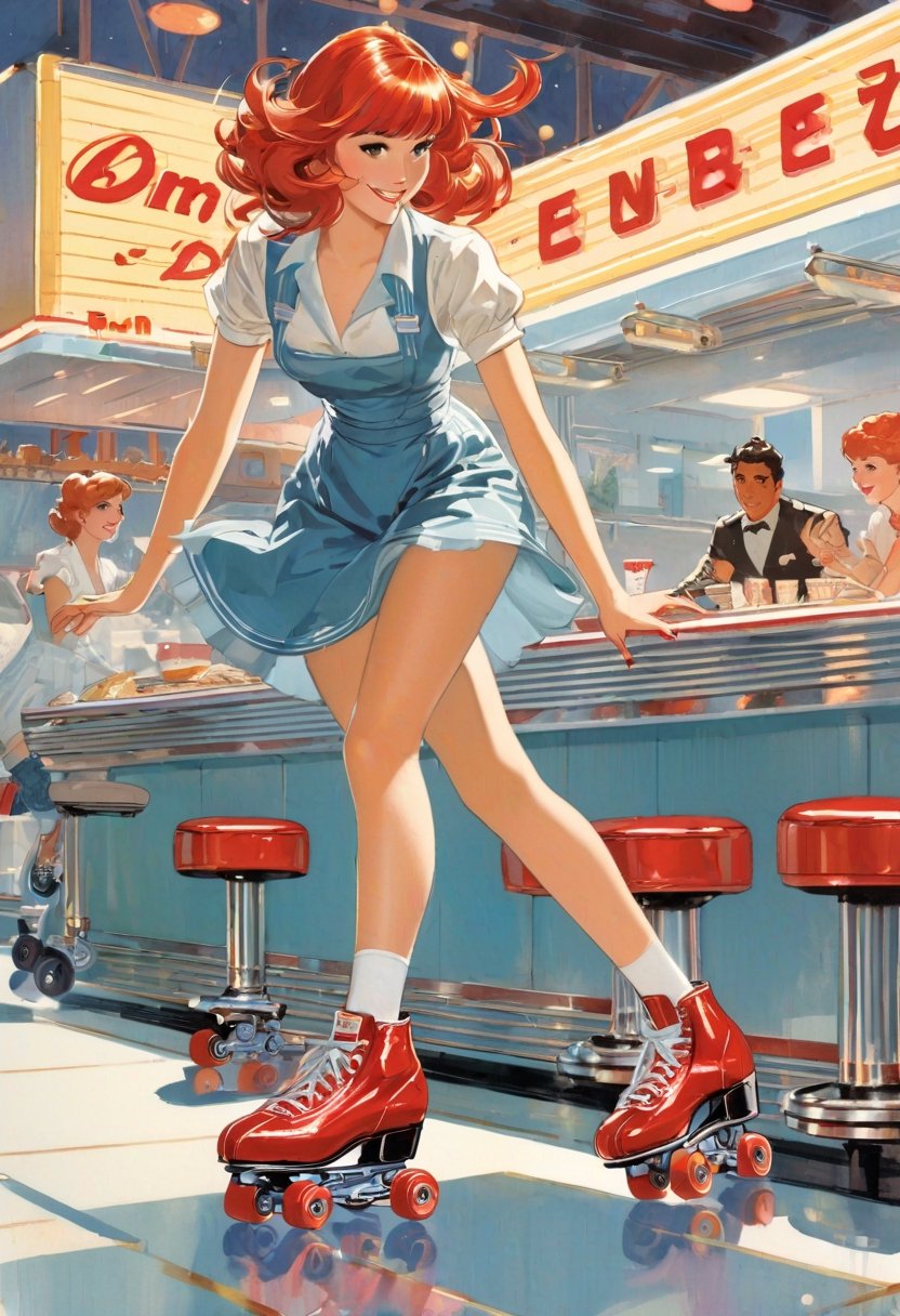 Waitress,  red head,  roller skating by NowhereManGo on Tensor.Art
