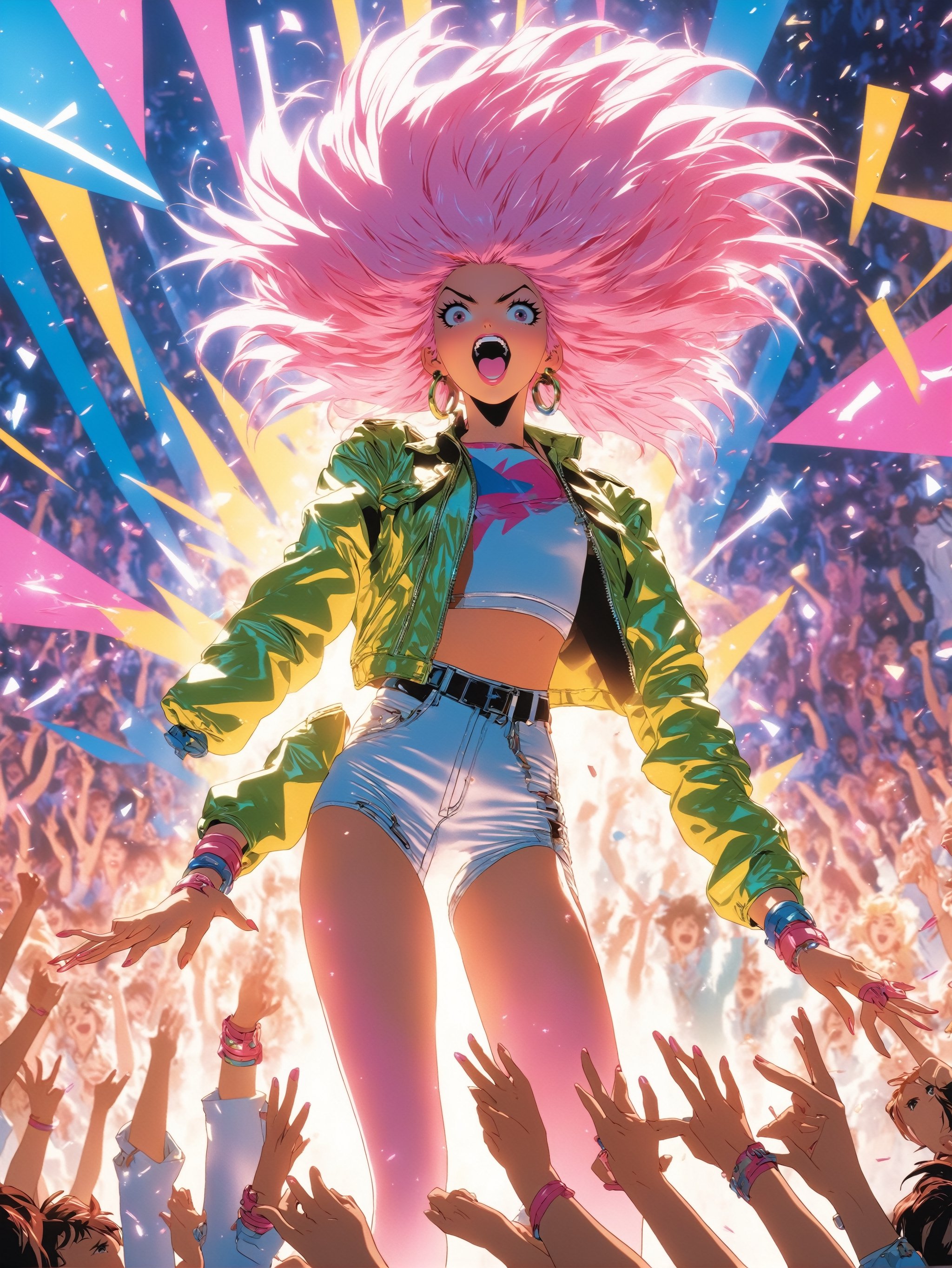 Anime artwork. photo shot from ground of Jem and the Holograms,  spandex,  leather by NowhereManGo on Tensor.Art