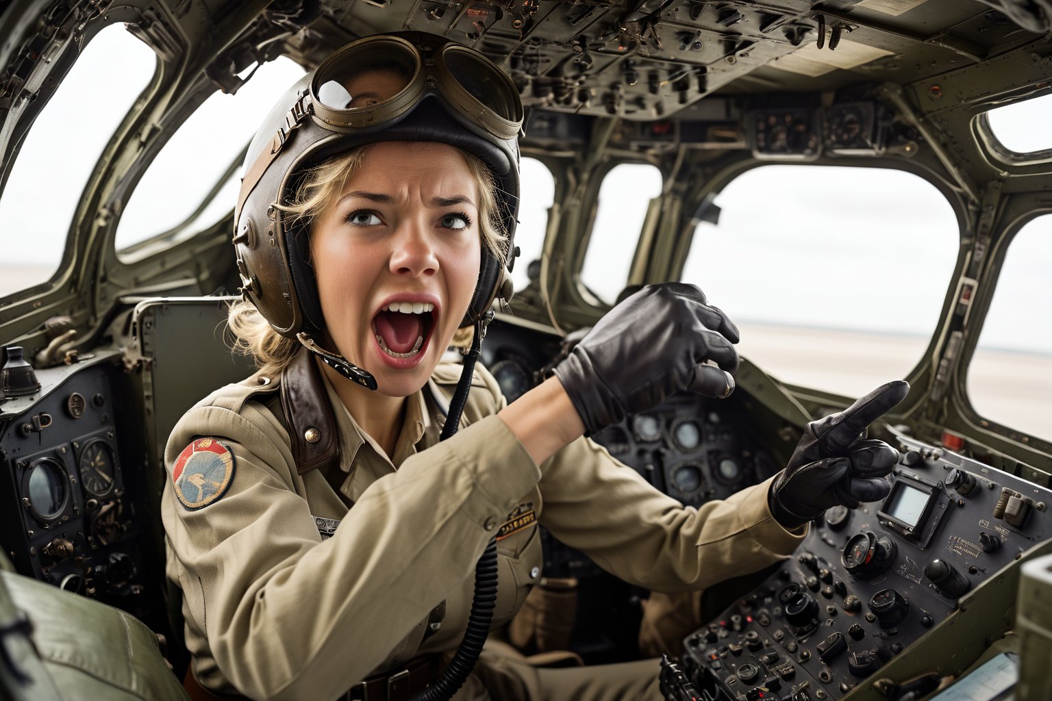 Photo,  Female pilot,  screaming,  inside cockpit,  ww2,  canon 5d mark 4, Kodak ektar, style by Masamune Shirow, style by J.C. Leyendecker. ra-exposure