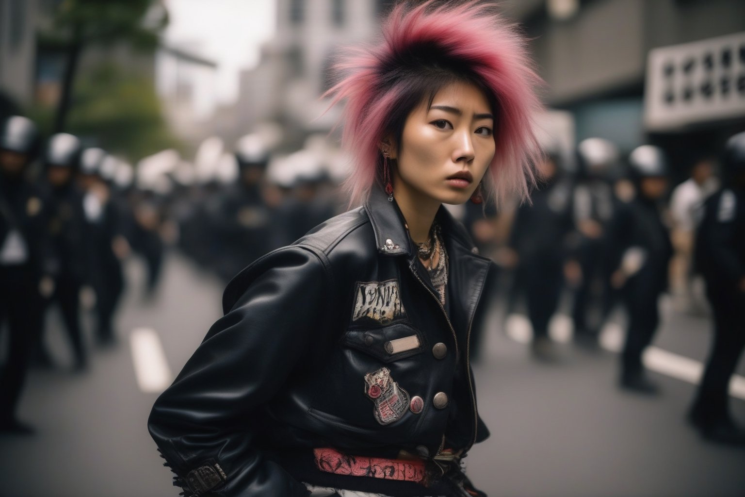 Polaroid of a 20yo Japanese woman dressed in punk clothing and is protesting war,  noon,  natural lighting. action shot by...