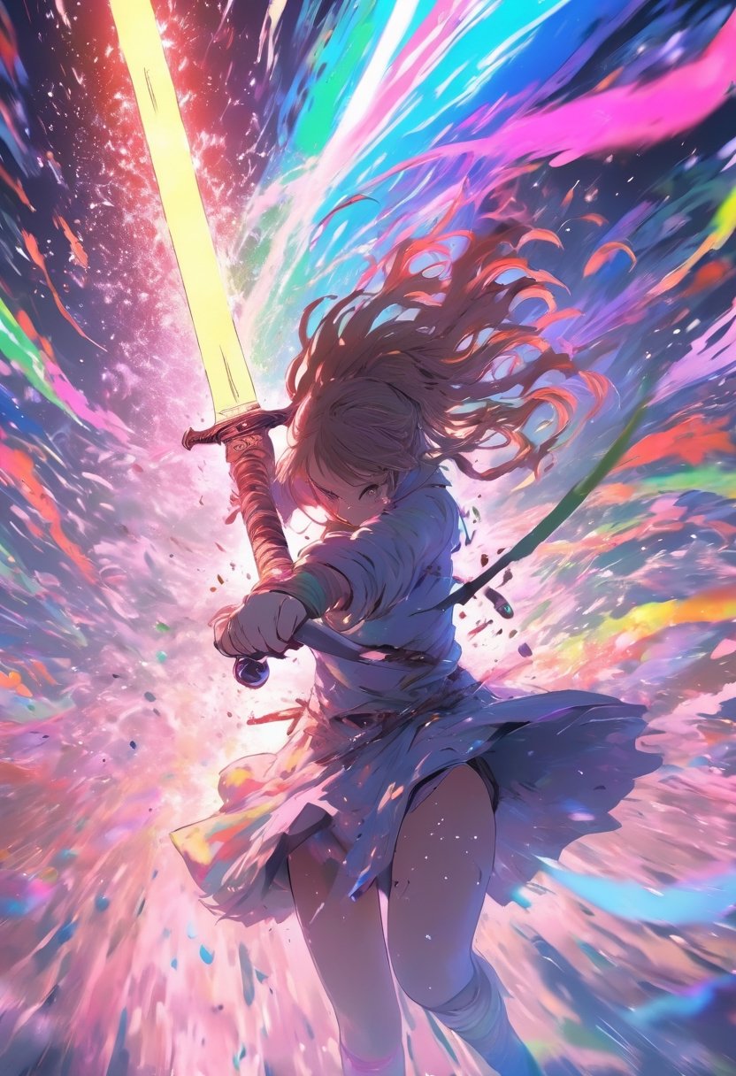 Anime artwork. Girl pull a giant sword from the ground, rainbow-colored energy swirling around her