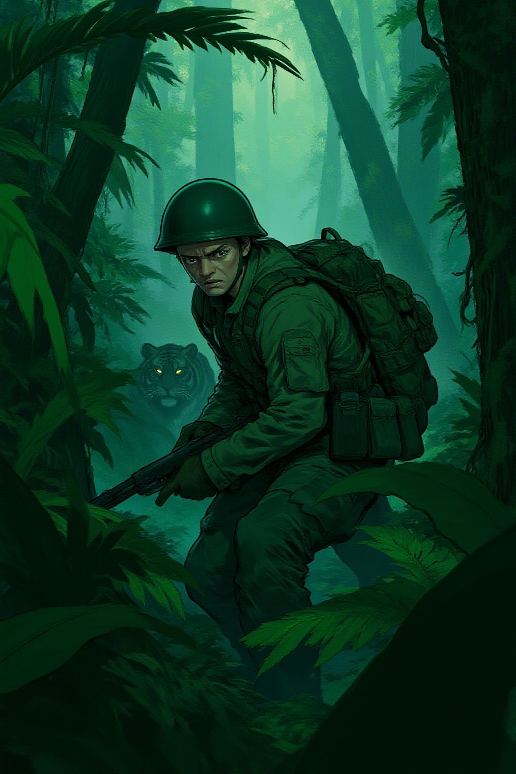 lyh Anime style. Create a tense jungle scene set in Vietnam, featuring a dense, lush environment with thick foliage, tall trees, and tropical plants. We see the close up face of an American Marine, showing fear in his face, is cautiously walking towards the viewer, holding a rifle in a ready position. He is dressed in camouflage fatigues and a helmet, blending into the surroundings. Unbeknownst to him, a distance away, a stealthy tiger is following closely behind, partially obscured by the foliage. The tiger's eyes are fixed on the soldier, adding a sense of impending danger to the scene. The overall atmosphere should be one of suspense, with the jungle's dense greenery and shadows heightening the tension.