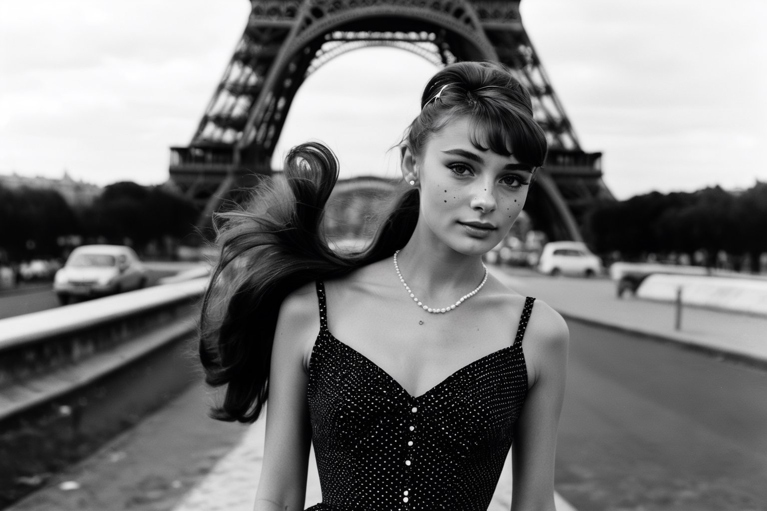 B & W Photo of a young 20yo Audrey Hepburn in a polkadot summer dress in Paris, Eiffel Tower in the background, Canon 5d Mark 4, Kodak Ektar