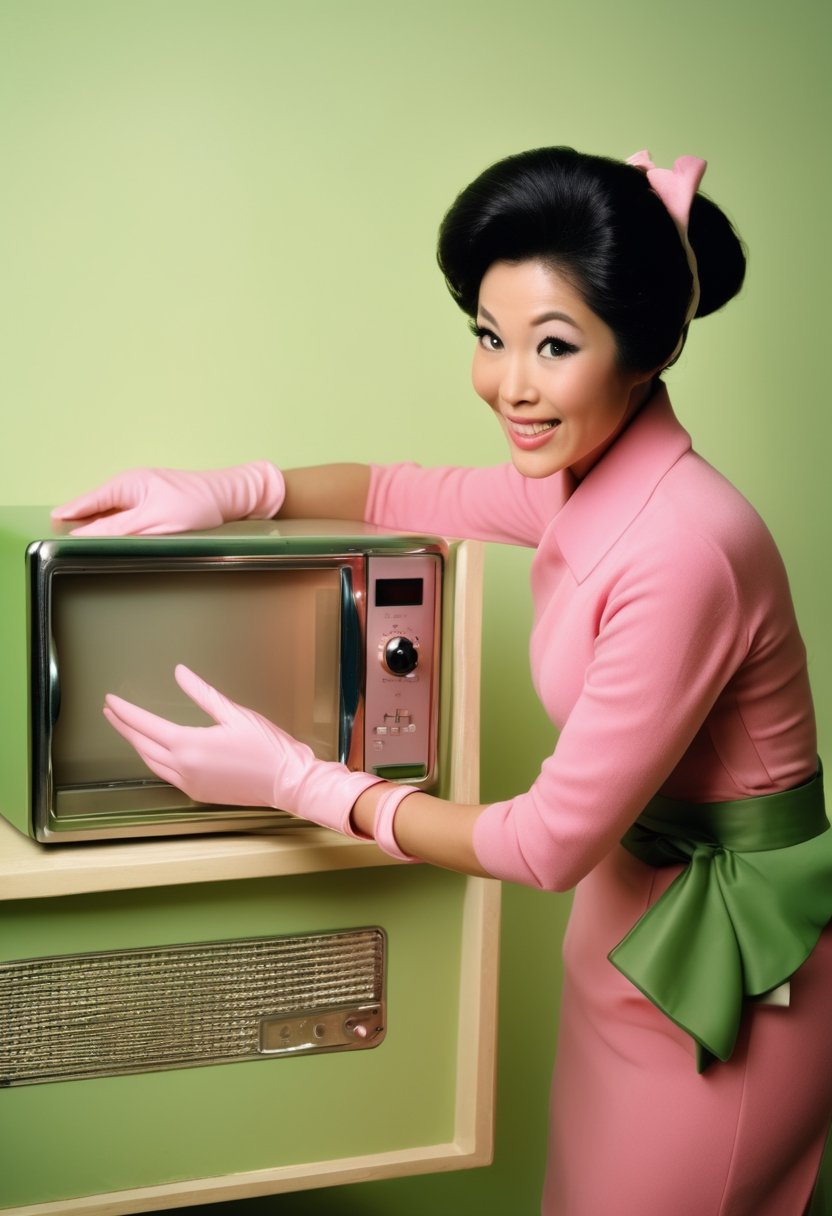 Photo shoot of a Japanese housewife,  wearing pink gloves,  green dresses by NowhereManGo on Tensor.Art