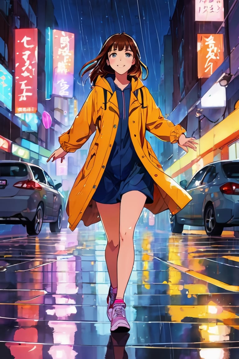 Girl with freckles, dimples, and straight brunette hair hazel eyes, dancing on the street, sneakers, arms stretched, raincoat, heavy raindrops, backlit, (watercolor: 0.5), bright city light, anime artwork, anime style, key visual, vibrant, highly detailed, expressive
