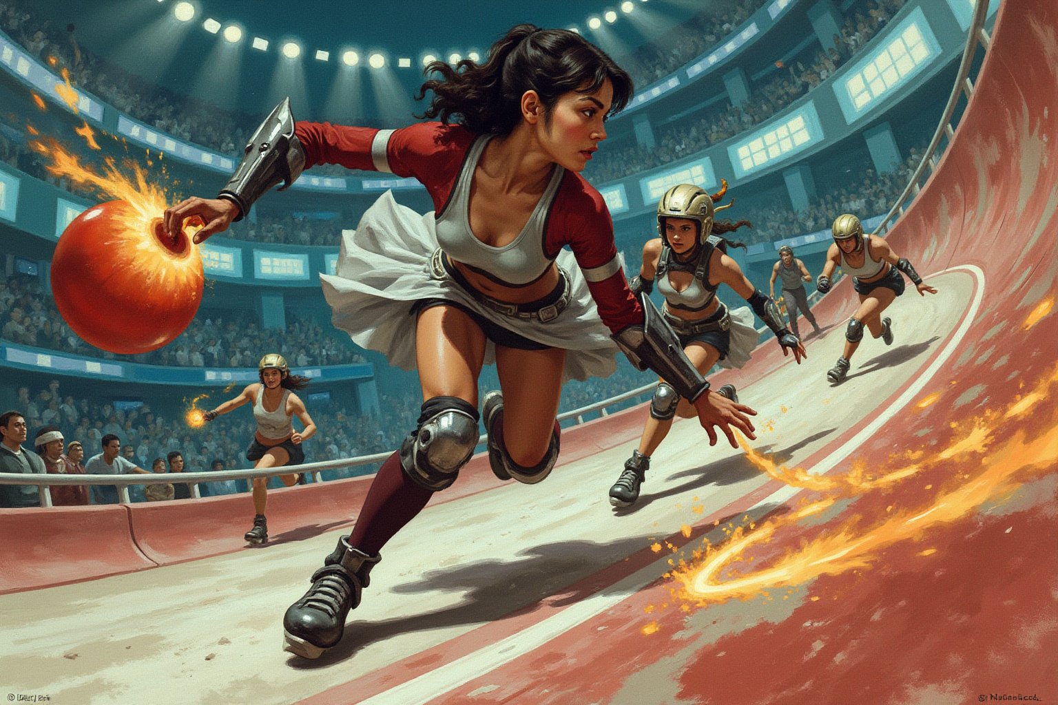 Oil painting. Anime style illustratoin by J.C. Leyendecker. Battle Angel Alita competing in a high-speed Motorball game, similar to Rollerball. Alita, wearing her iconic sleek cyborg armor, races through the winding rollercoaster like Motorball track on rollerblades, gripping the glowing bomb like Motorball in one hand. Her face is focused and determined, with cybernetic enhancements emphasizing her power and agility. The arena is a high-tech, metallic environment with neon lights, massive crowds, and a gritty, industrial vibe. In the background, other cybernetic players chase after her, each equipped with various mechanical enhancements designed for speed and combat. Sparks fly from Alita's blades as she speeds around a sharp curve, with the atmosphere of the scene reflecting the intensity, competition, and danger of the Motorball game. The overall aesthetic is bold, dynamic, and futuristic, with a mix of cyberpunk elements and action-packed energy 