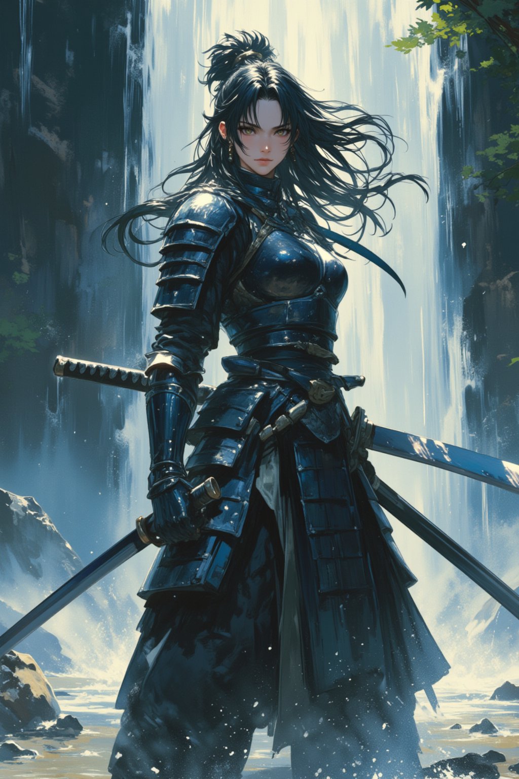 Samurai Princess standing confidently under a cascading waterfall, wielding a gleaming, broad katana with both hands. Her traditional armor, wet and shining, clings to her form, while her hair flows wildly in the force of the water. The mist from the waterfall swirls around her, catching the light, giving an ethereal glow to the scene. Her expression is one of calm focus, eyes sharp and determined, as she prepares for battle amidst the raw power of nature. The atmosphere is intense yet serene, capturing the strength and grace of the warrior princess in her element.