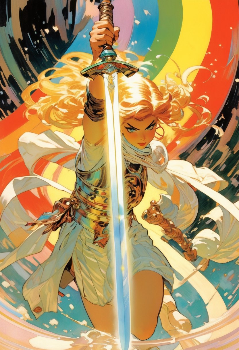 Anime artwork. Girl pull a giant sword from the ground, rainbow-colored energy swirling around her, art by J.C. Leyendecker