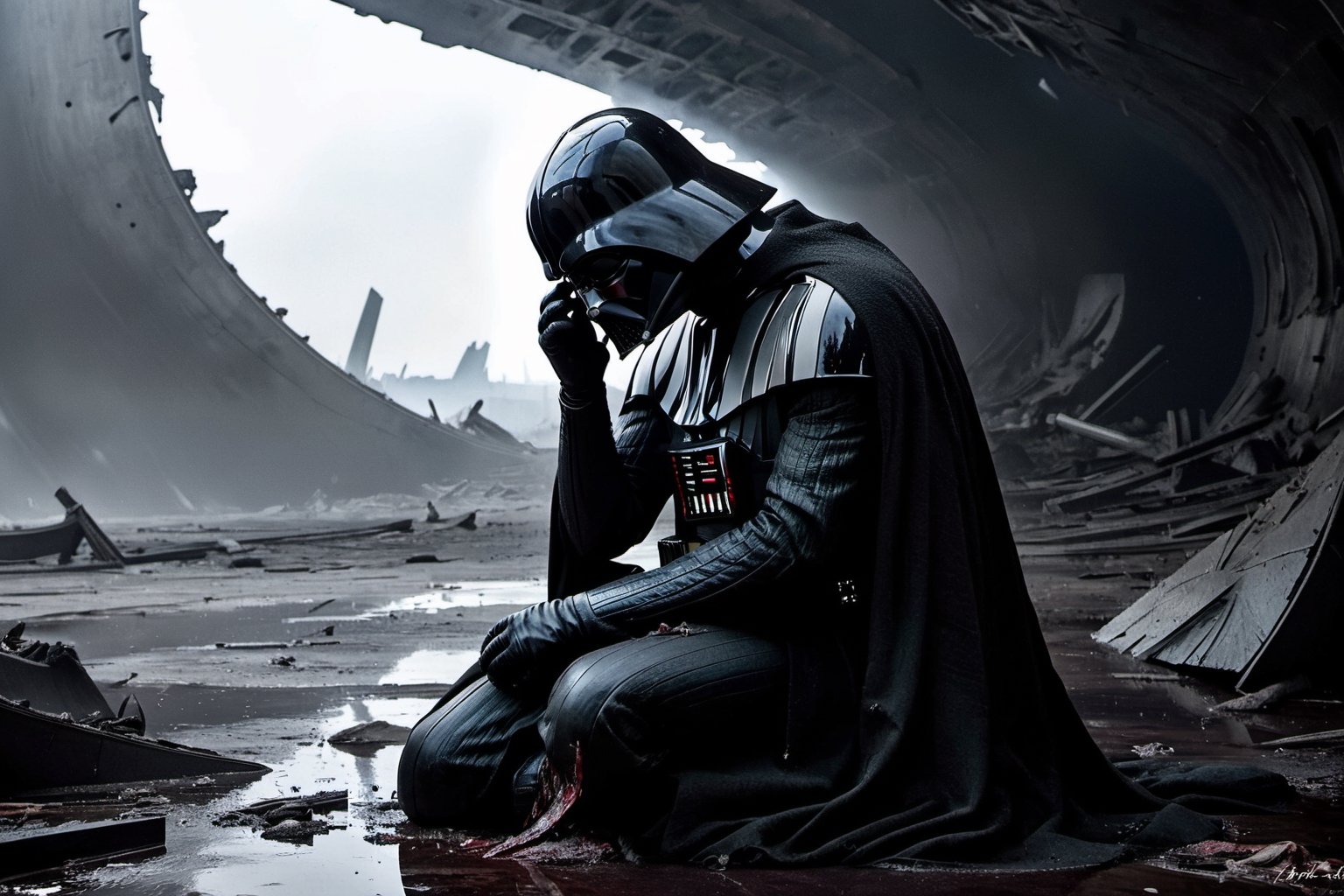 Darth Vader,  head down,  sad and broken by NowhereManGo on Tensor.Art