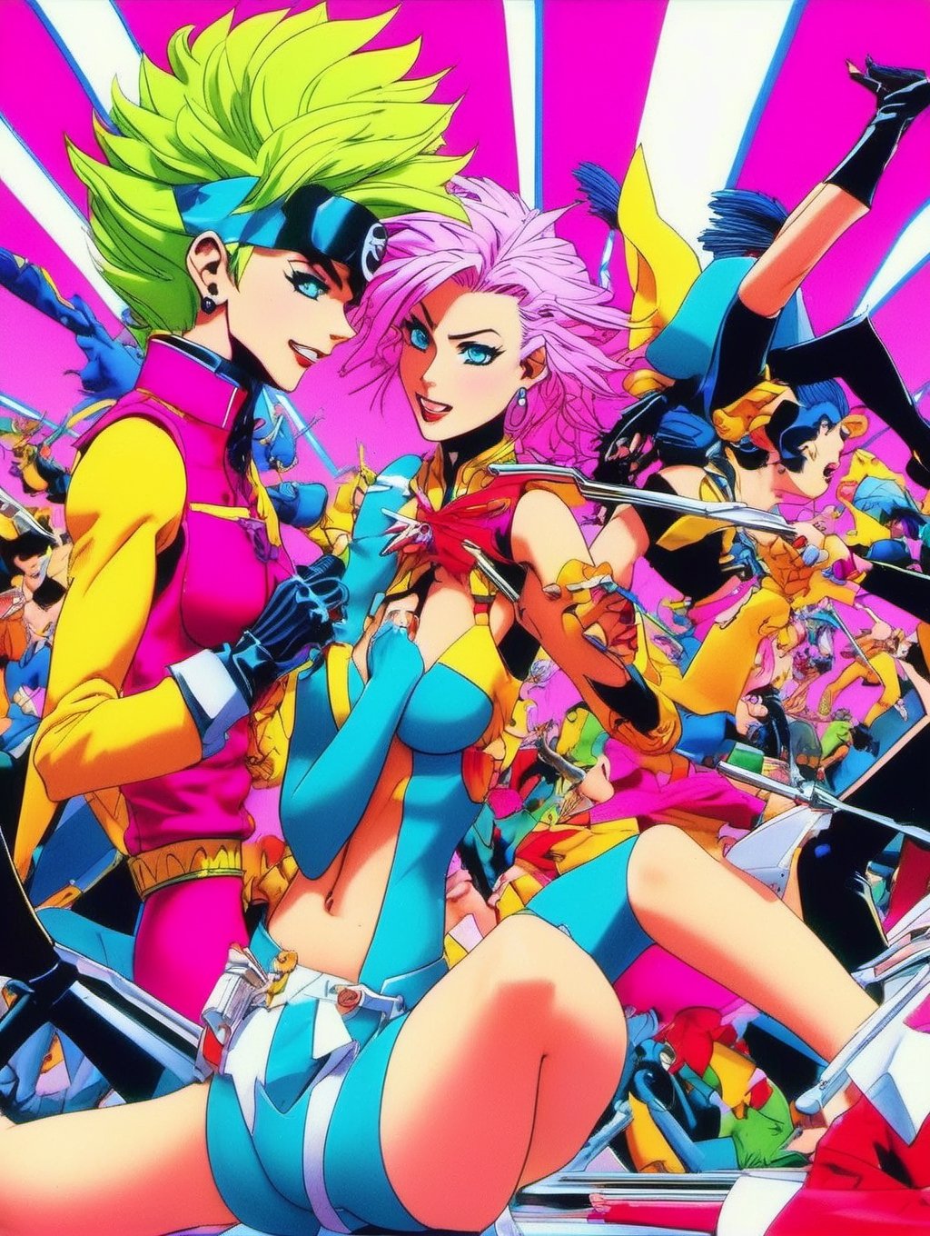 Anime artwork. photo shot from ground of Jem and the Holograms,  spandex,  leather by NowhereManGo on Tensor.Art
