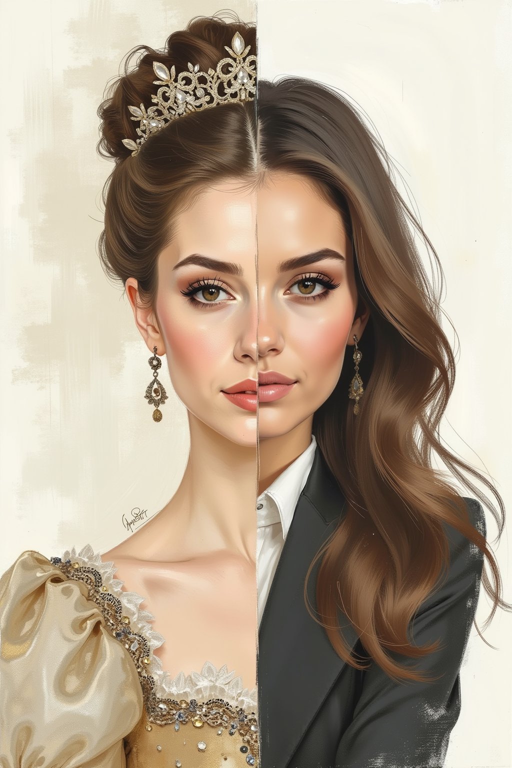 sketch painting. A digital illustration of a woman, split down the middle to depict two contrasting eras. One half of her face represents Marie Antoinette, with elaborate 18th-century makeup, powdered hair styled in an ornate updo, and a luxurious gown adorned with intricate lace and jewels. The other half is a modern woman, with sleek, contemporary makeup, smooth hair flowing down, and wearing a business suit in a minimalist design. The background subtly blends elements of both time periods, reflecting the elegance and refinement of each. The overall image captures a juxtaposition of past and present beauty and style.