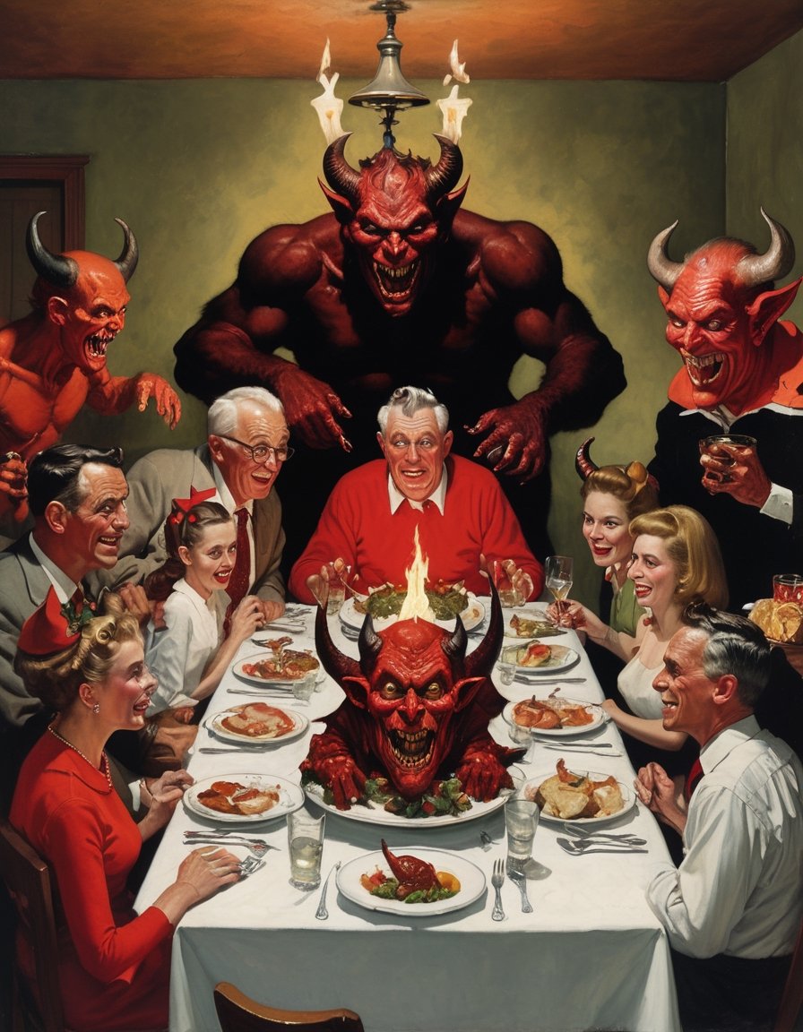 Oil painting of Devils and Demons watching a 60's family having christmas dinner in hell,  art by Norman Rockwell. by Nowh...