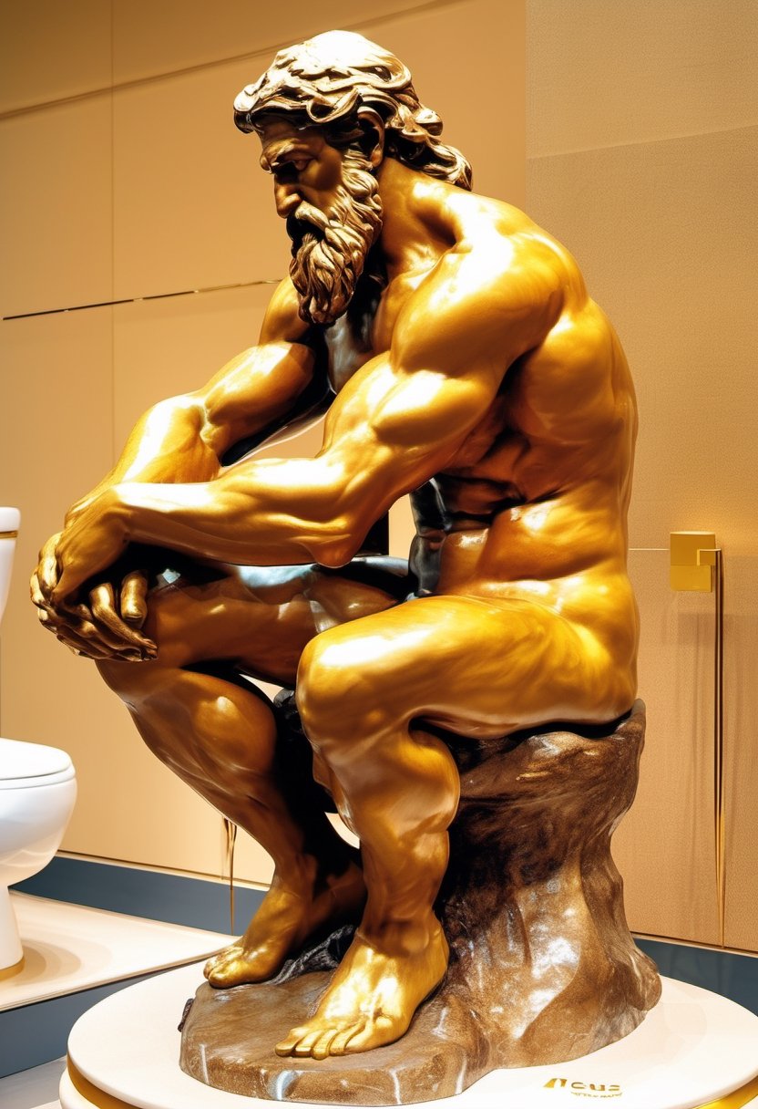 Zeus squatting on a Toilet Seat, art by Auguste Rodin,w00len