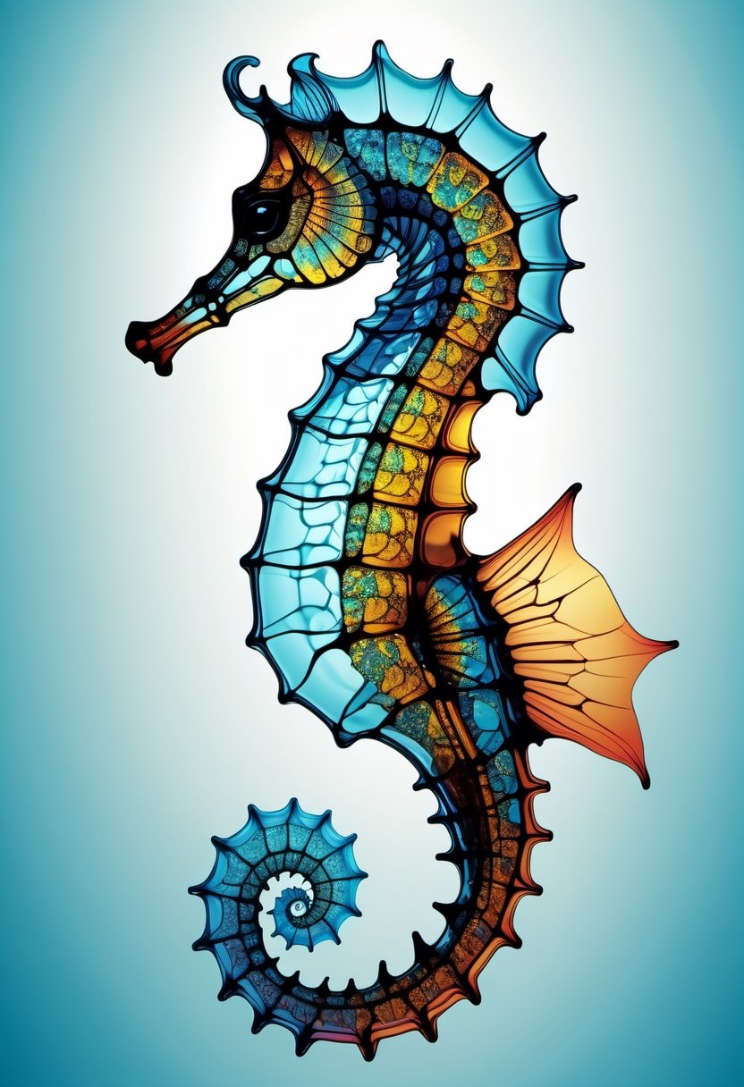 cinematic photo thin,  fine fractal glossy vivid colored ink sketch shiny contours outlines of a seahorse silhouette . 35m...