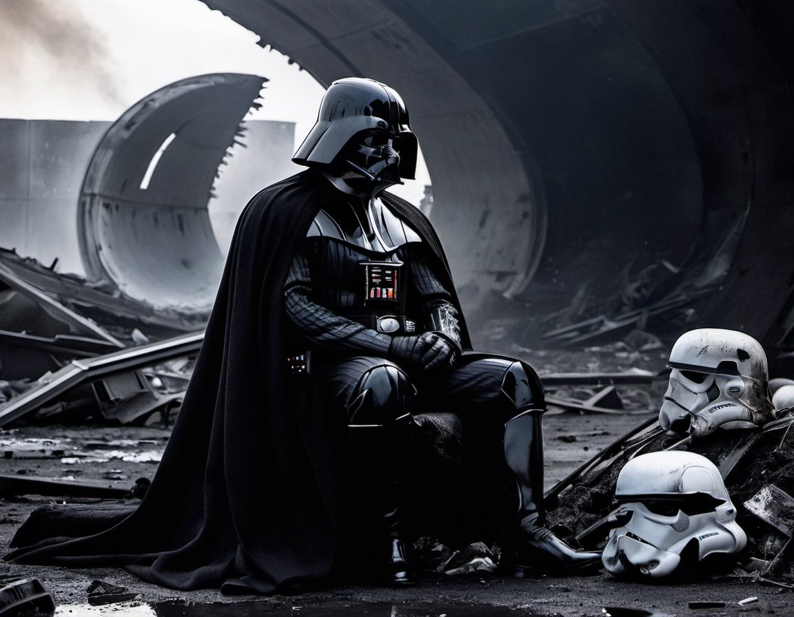 A somber and haunting scene of Darth Vader,  his helmet downcast,  slumped over the lifeless body of a stormtrooper. He si...