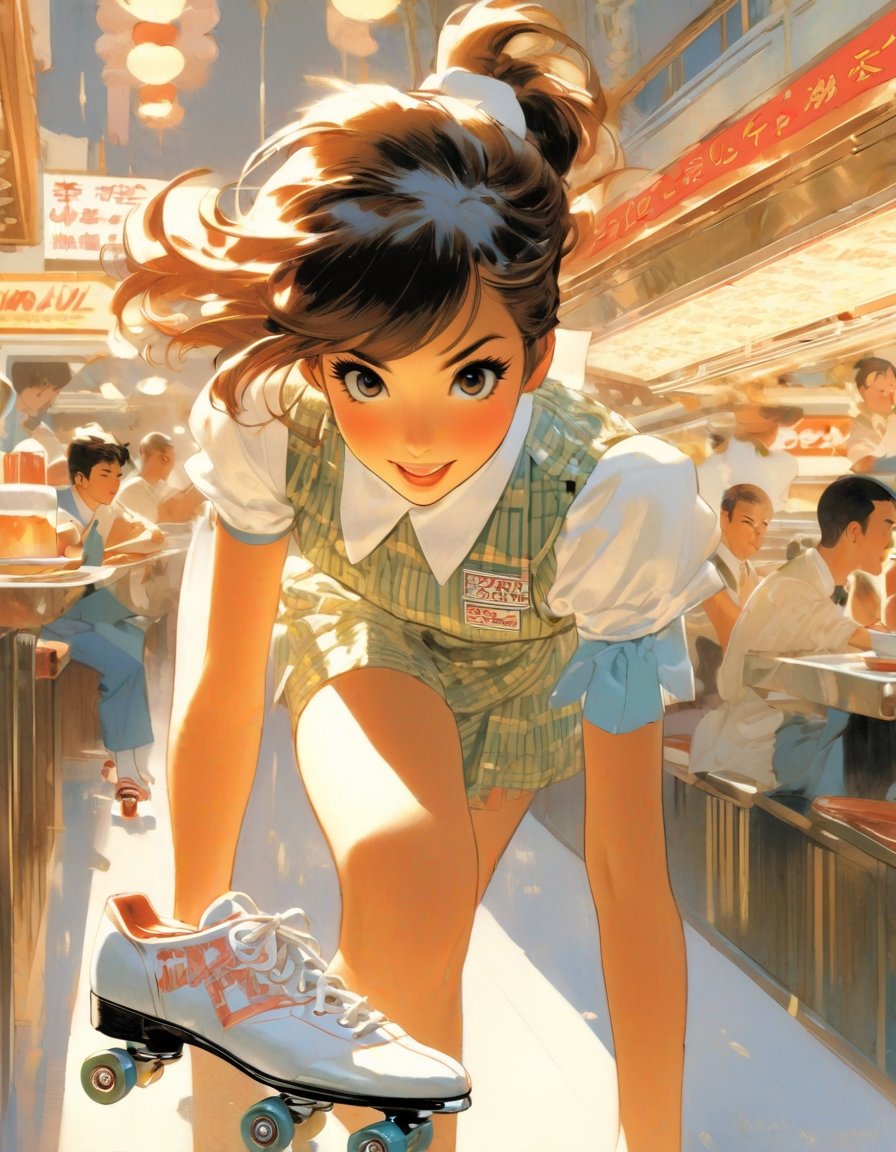 Anime Artwork,  Asian Waitress,  roller skating by NowhereManGo on Tensor.Art