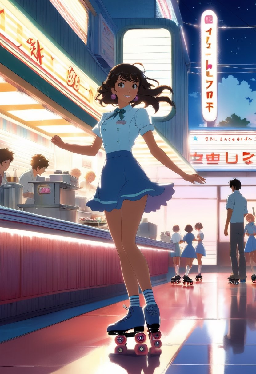 Anime Artwork,  Waitress,  roller skate by NowhereManGo on Tensor.Art