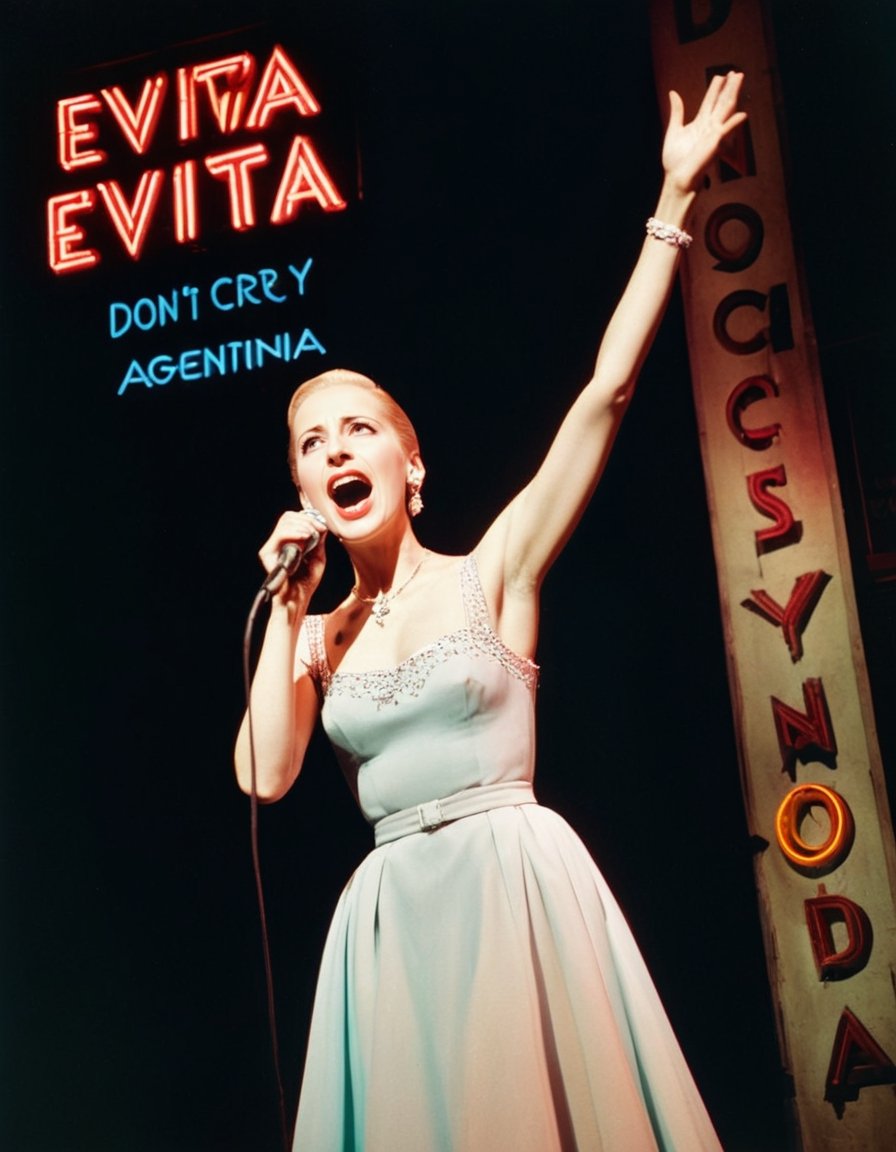 Color Photo of Eva Peron singing "Don't Cry for Me, Argentina" at a Broadway Musical, Stage Neon Sign says "Evita"