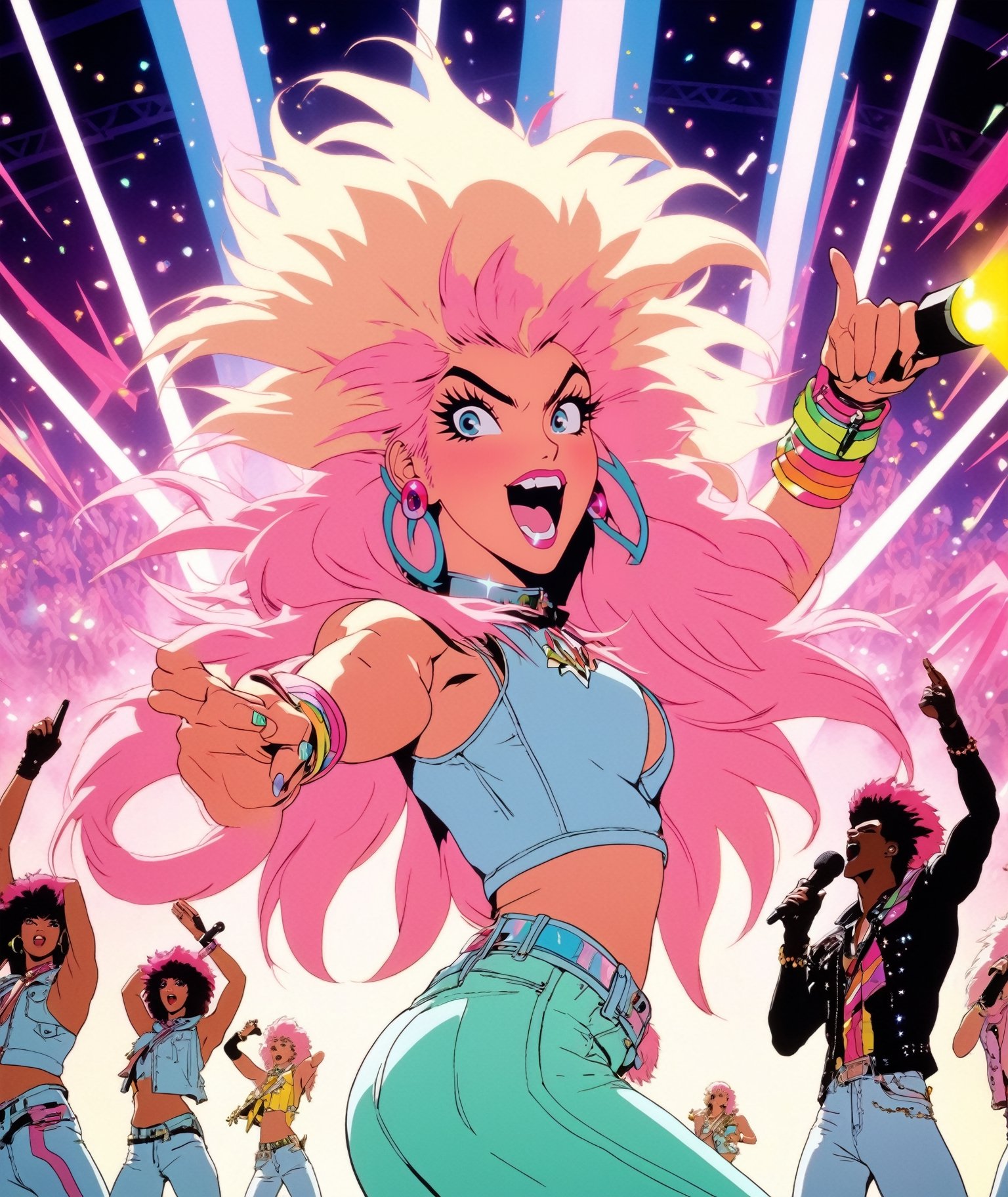 Anime artwork. Cinematic film still of Jem and the Holograms,  standing on stage,  shot from below. low angle shot by Nowh...