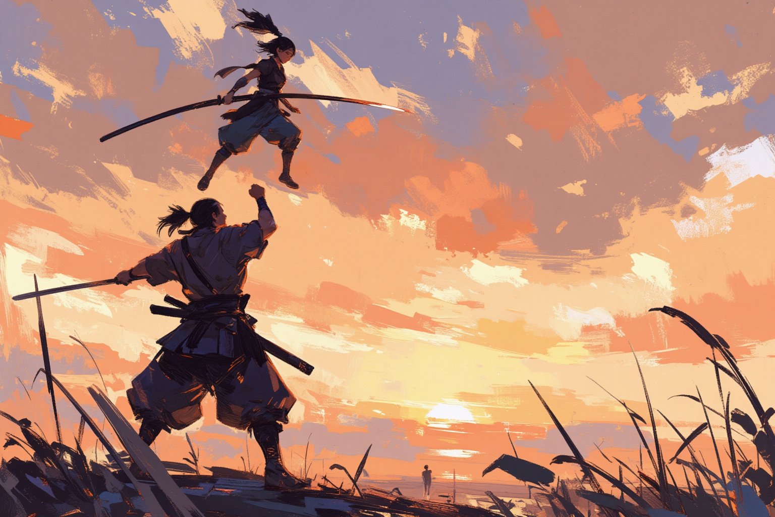 sketch painting. Anime artwork. A shot from the ground up. A Samurai lifting his head upward. Above him, a female ninja is attacking. She holds a long katana, The scene is illuminated by the soft glow of the setting sun