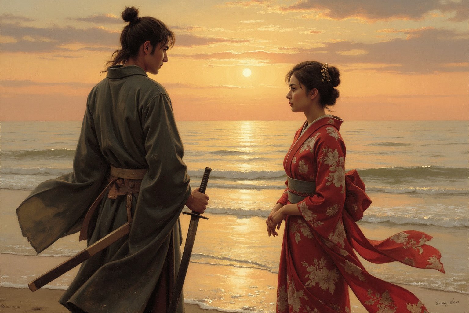 oil painting. A deeply emotional and dramatic scene between a ronin and his girlfriend at a seaside, set during their final goodbye. The ronin, dressed in worn-out traditional samurai robes, stands solemnly with his hand resting on the hilt of his katana. His girlfriend, wearing a flowing kimono, stands far apart from him, her expression filled with sorrow and longing. They are gazing intensely at each other, the distance between them symbolizing the emotional rift as they say their farewells. The backdrop is a serene, yet melancholic, seaside with waves gently lapping at the shore, and the setting sun casting long shadows and a golden glow over the scene. The sky is painted with hues of orange and pink, adding to the bittersweet atmosphere. The overall composition captures the profound emotion of separation and unspoken love.